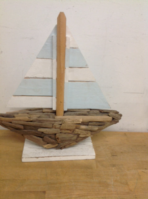 18-Inch Blue and White Driftwood Sailboat Decor - Nautical Beach House Wall Art for Coastal Home, Office, or Wedding Centerpiece Decorations