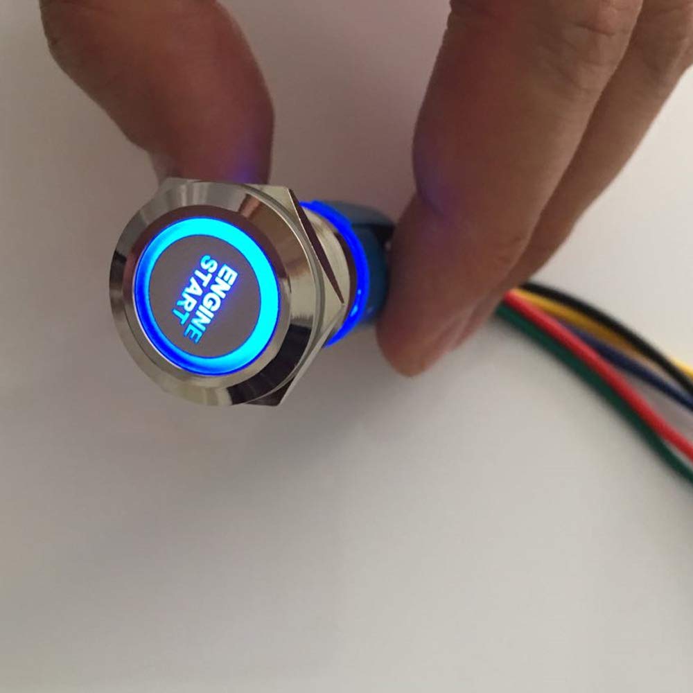 ESUPPORT 12V Blue LED Push Button Toggle Switch - 19mm Metal Car Headlight & Engine Start Switch for Automotive, Marine, and DIY Projects | Waterproof & Durable