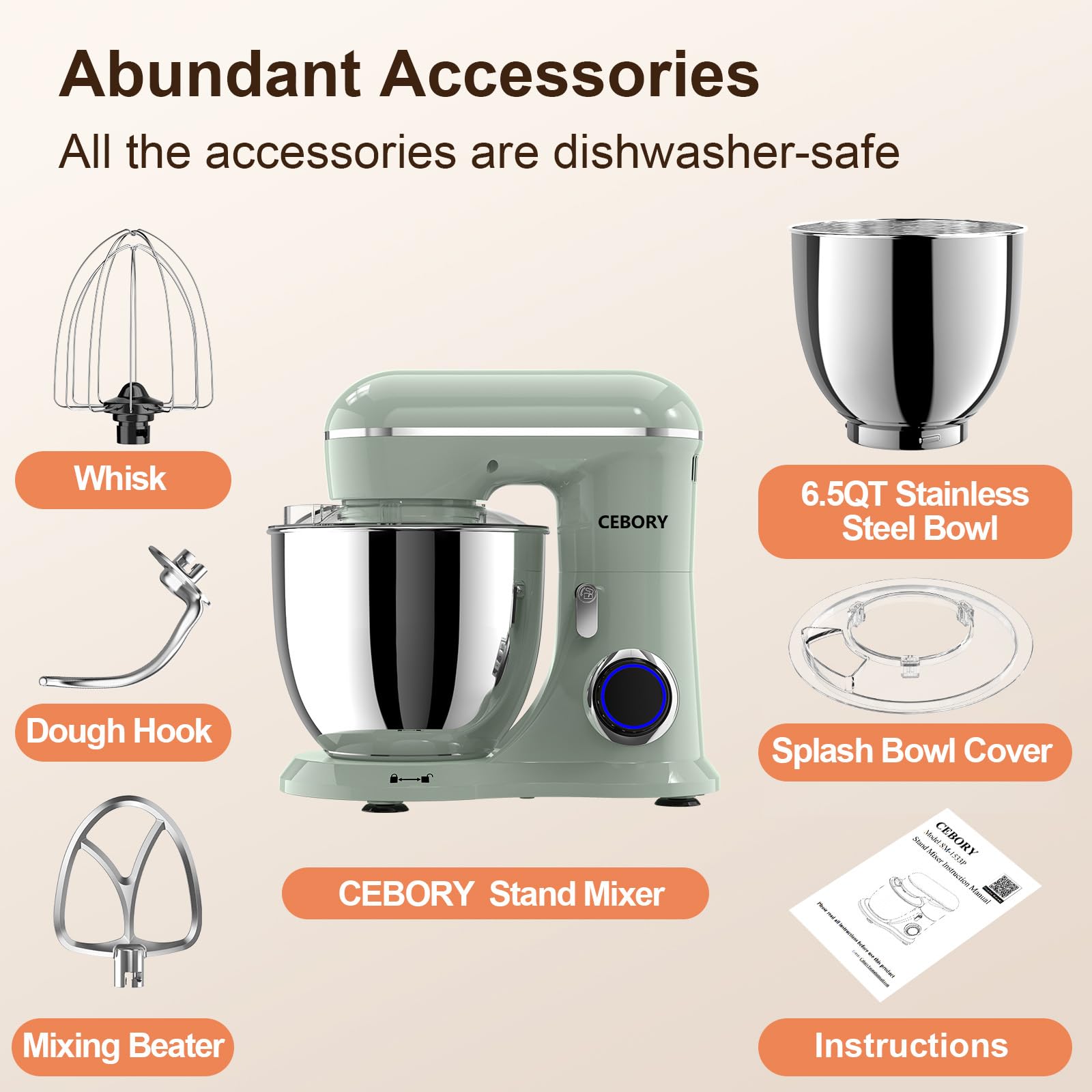 3-IN-1 Electric Stand Mixer, 6.5QT Bowl 660W 10-Speed Kitchen Mixer with Dough Hook, Beater & Whisk - Perfect for Baking Bread, Cakes, Cookies & Home Cooking (Green) | Ideal for Bakers, Home Chefs & Kitchen Enthusiasts