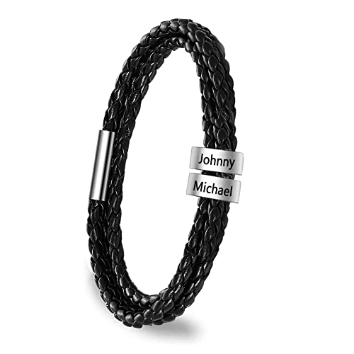 Personalized Men's Bracelet with 1-8 Name Beads - Custom Engraved Leather & Braided Bracelet for Dad, Boyfriend, Husband - Perfect Gift for Father's Day, Birthday, Anniversary - (2 Beads Included)