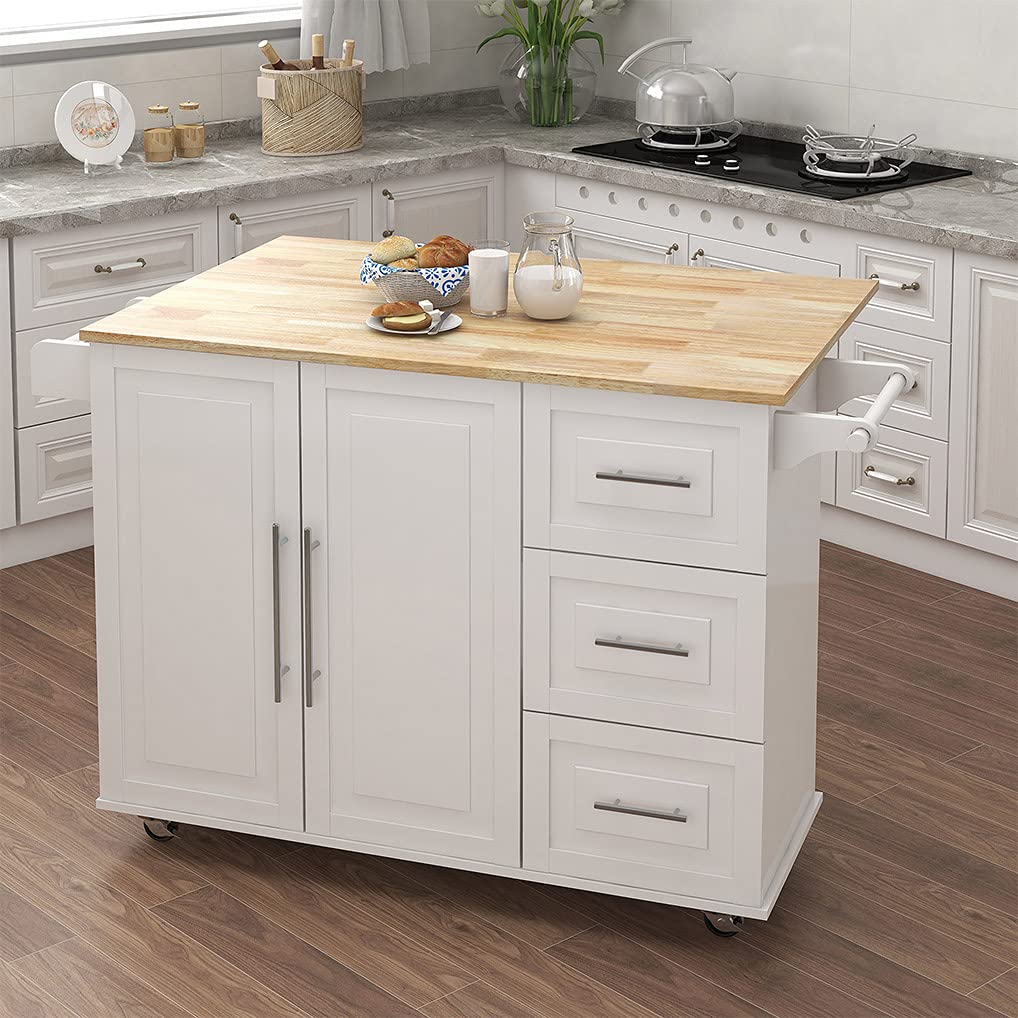 Expandable Solid Wood Kitchen Island with Drop-Leaf Table, Wheels & Storage - White | Large Cabinets, 3 Drawers, Spice Rack & Towel Holder | Perfect for Small Kitchens, Dining Areas & Food Prep Stations