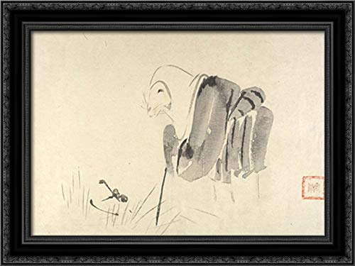 Shibata Zeshin Framed Canvas Art - 24x18 Inch Black Ornate Wood Wall Decor - Japanese Mouse Monk Painting - Perfect for Home, Office & Meditation Room Decor