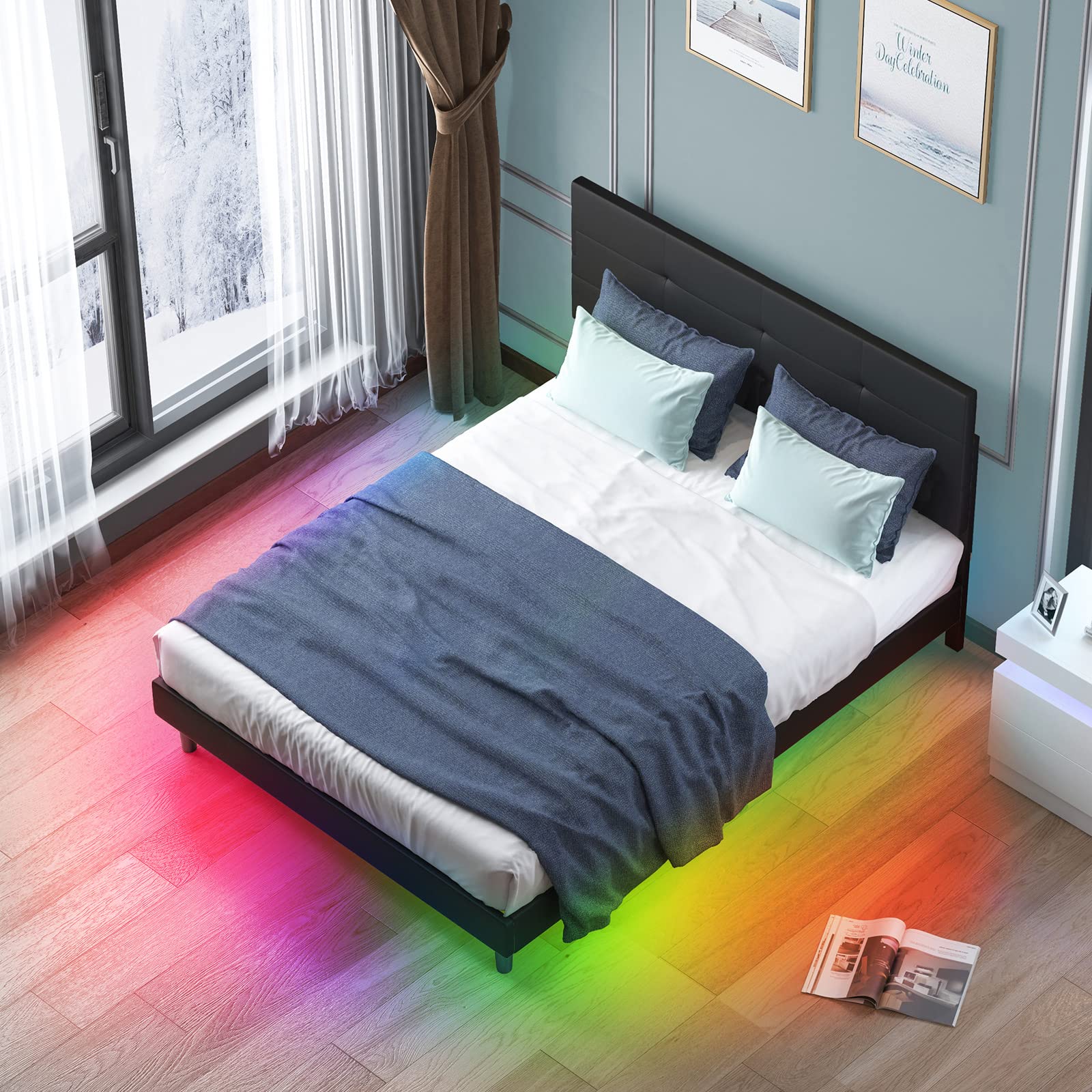 King Size Bed Frame with Smart RGB LED Lights - Button Tufted Upholstered Headboard, No Box Spring Needed, PVC Fabric Platform Bed - Perfect for Modern Bedrooms & Gaming Setups (Black)