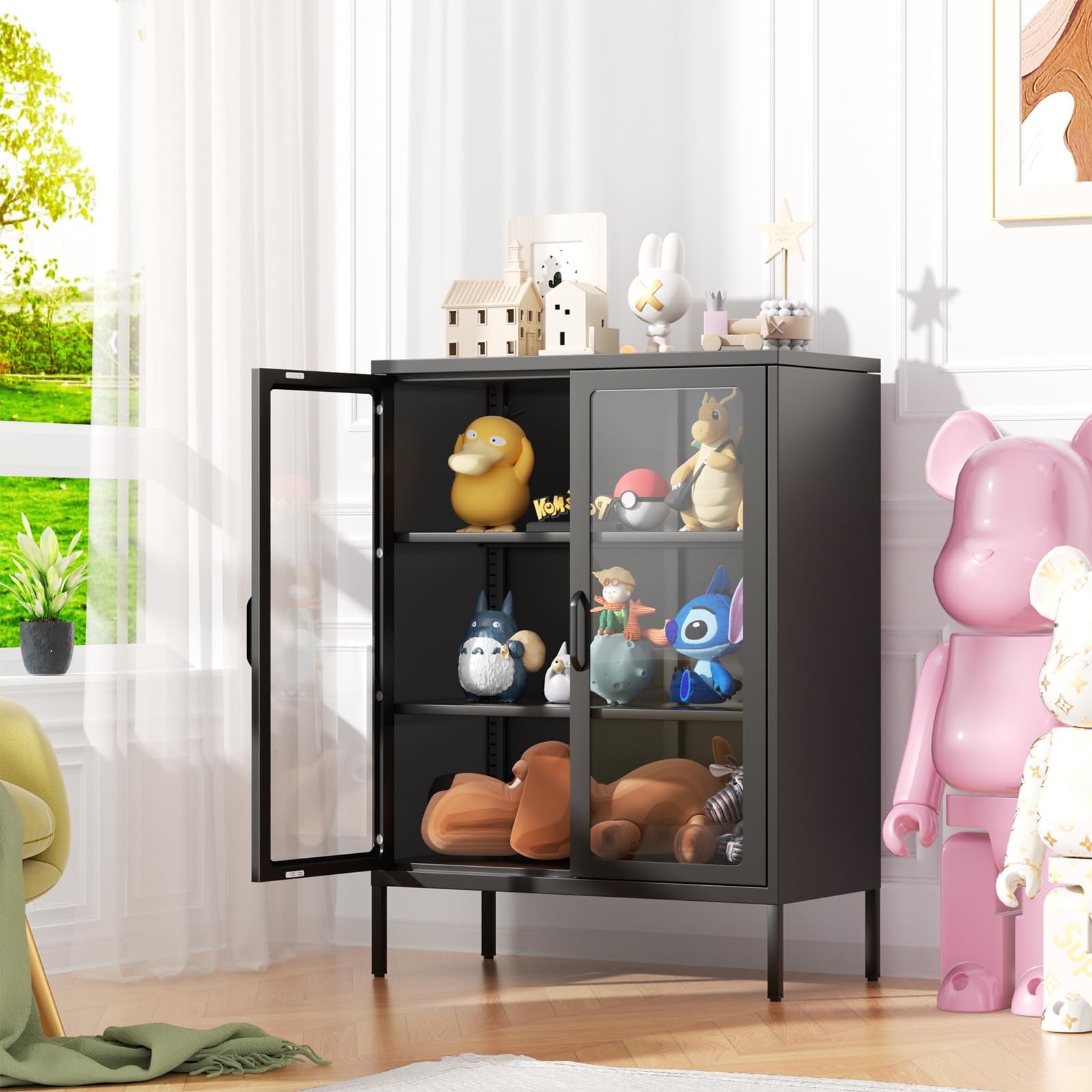Betterland Black Metal Storage Cabinet with 2 Glass Doors & 2 Shelves - Lockable Curio Display Cabinet for Home, Pantry, Kitchen | Perfect for Showcasing Collectibles, Storing Spices & Organizing Kitchen Supplies