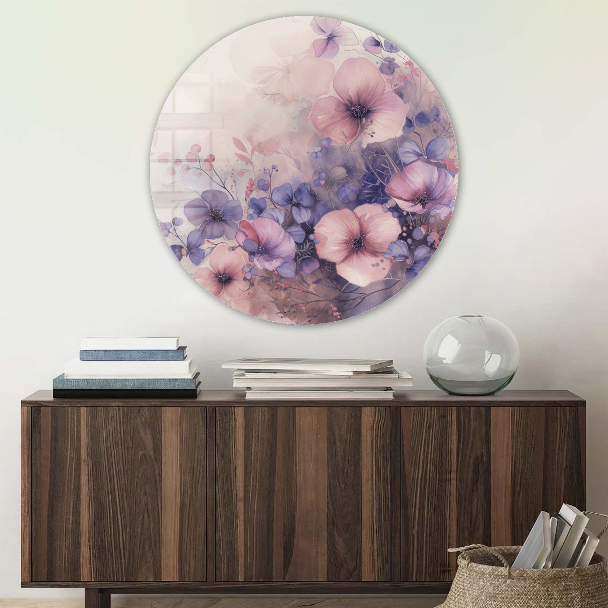 Whispers of Bloom Round Glass Wall Art - Elegant Home Decor for Living Room, Bedroom & Office