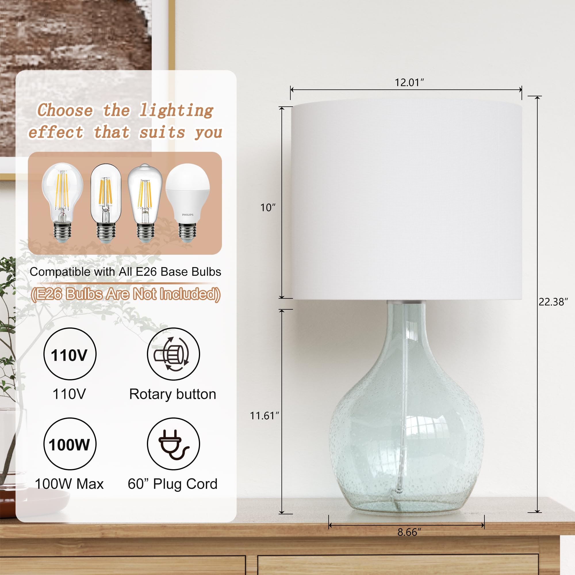 Maxax Coastal Blue Glass Table Lamp with White Shade - 22 Inch Tall End Table Lamp for Living Room, Bedroom, Office & Nightstand | Perfect for Coastal Decor, Reading Nook & Ambient Lighting