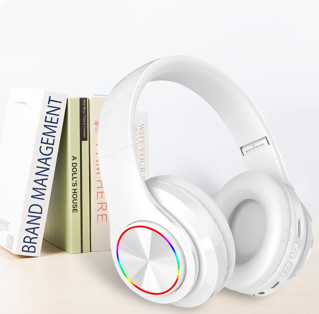 Wireless Bluetooth Headphones with Colorful LED Lights, 30H Playtime, Foldable Design, Bluetooth 5.0, 10m Range, Stereo Sound, Built-in Mic - Perfect for Gym, Running, Travel & Work (White)