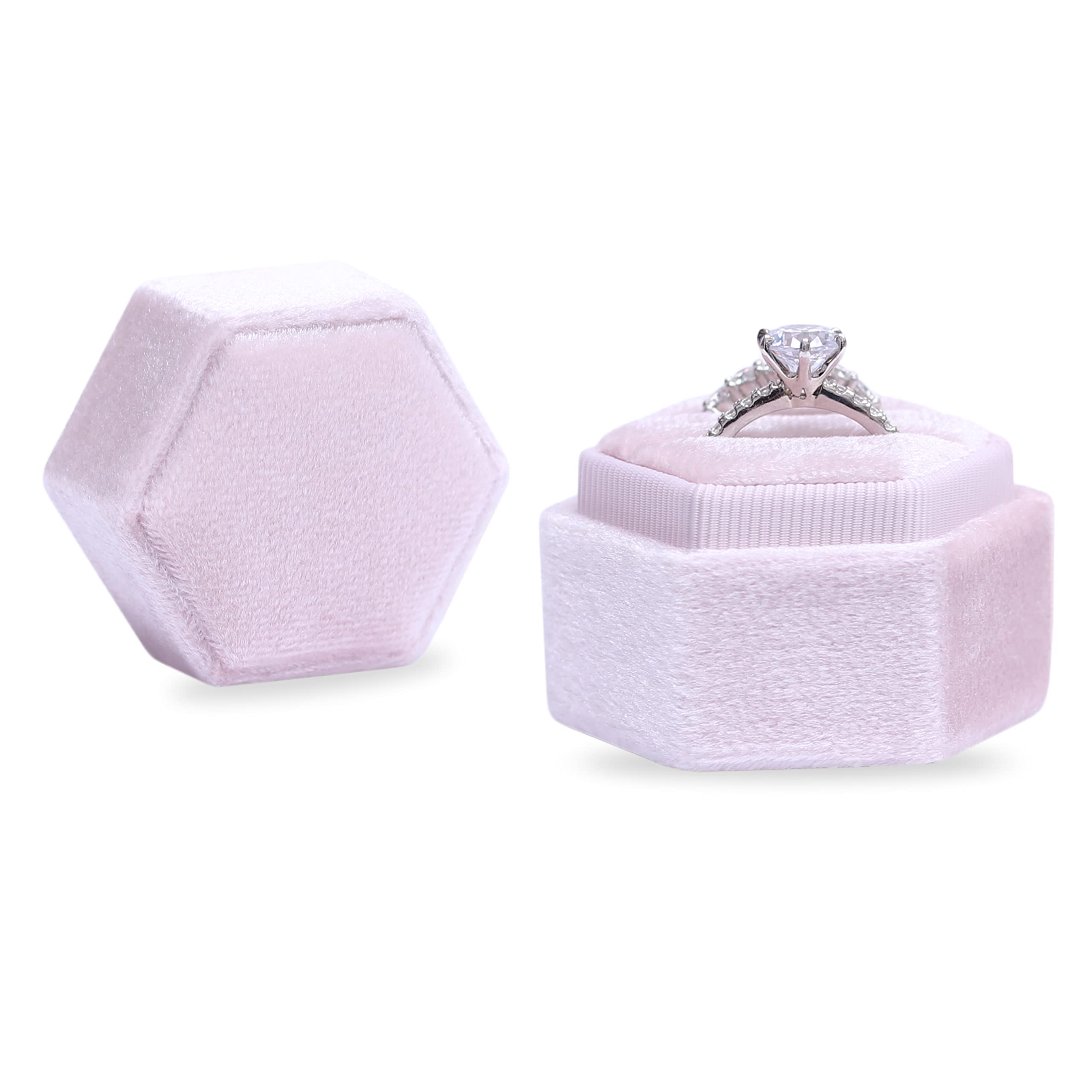 Hexagon Velvet Jewelry Ring Box - 2 Slots Engagement Ring Holder with Detachable Lid for Wedding, Proposal & Ceremony (Ballet Pink) | Perfect for Bridal Showers, Anniversary Gifts & Romantic Surprises