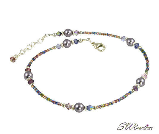 Purple Crystal Mauve Pearl Anklet - Elegant Adjustable Ankle Bracelet for Women | Perfect for Beach, Wedding & Boho Fashion