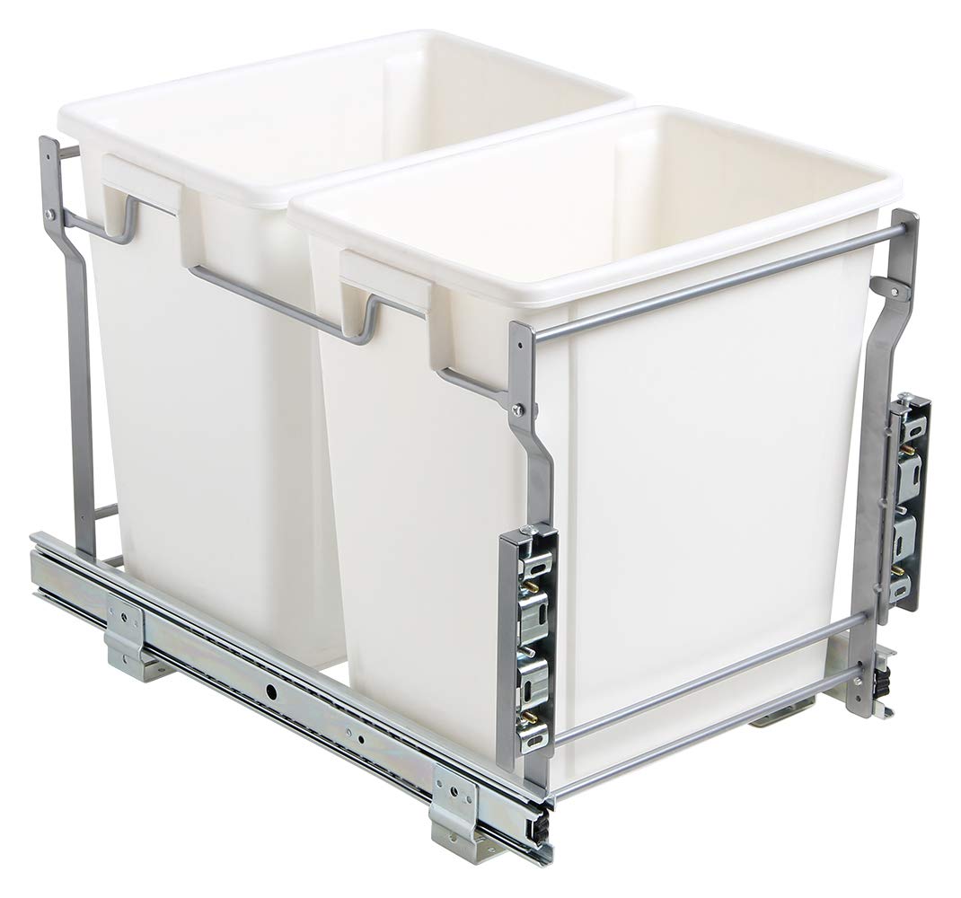 Laurey 90101 20L Double Bin Rollout Trash Can with Wheels - White | Heavy Duty Recycling & Waste Container for Kitchen, Office & Outdoor Use