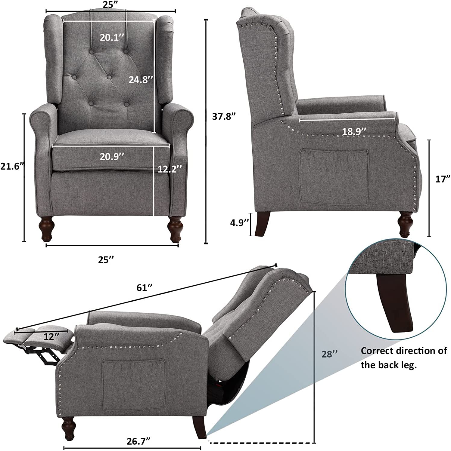Premium Wingback Recliner Chair Set of 2 with Massage & Heat Function - Gray Fabric Push Back Accent Chairs with Diamond Tufted Design - Perfect for Living Room, Bedroom & Home Theater Relaxation