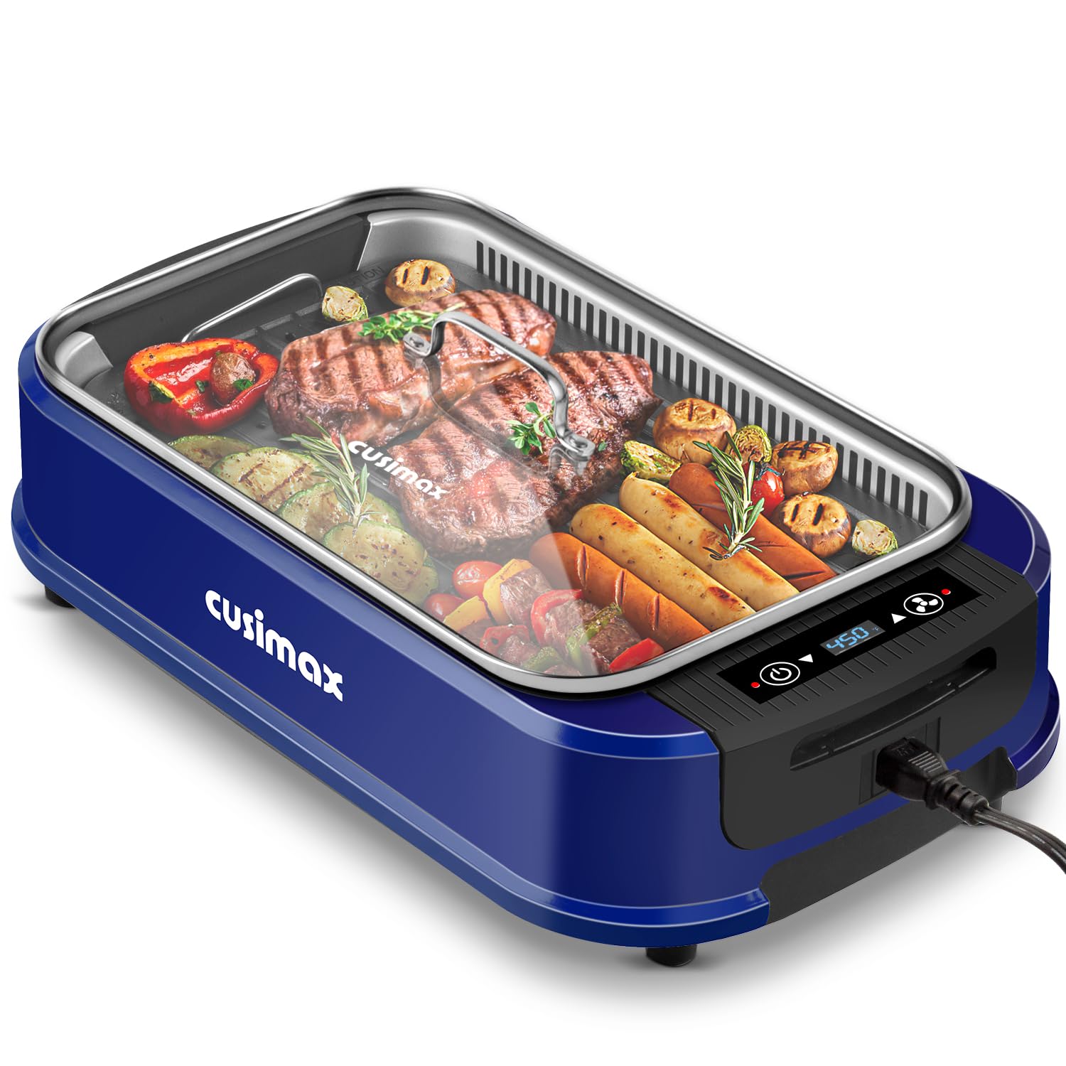 CUSIMAX 1500W Smokeless Indoor Electric Grill with LED Smart Display, Tempered Glass Lid & Non-Stick Removable Plate - Perfect for Healthy Cooking, Family BBQs, and Small Kitchen Spaces (Blue)