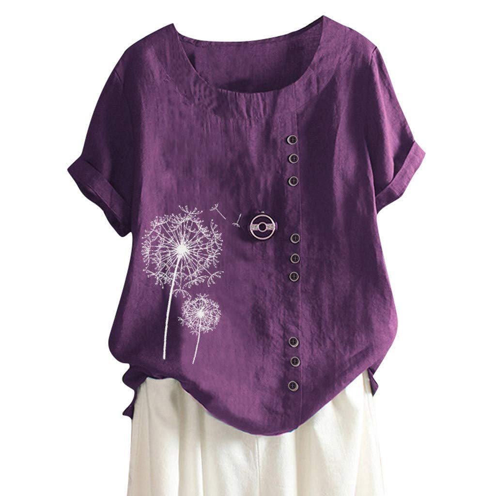 Women's Linen Floral Print T-Shirt - Summer Short Sleeve Round Neck Casual Blouse | Lightweight Breathable Top for Beach, Vacation & Everyday Wear