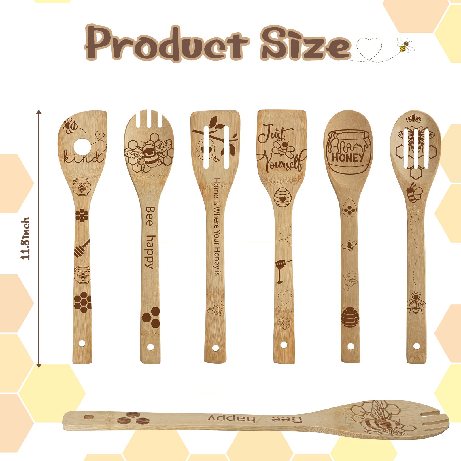 Bee Wooden Spoons Set - 6Pcs Honey-Themed Kitchen Utensils for Cooking, Baking & Wedding Gifts