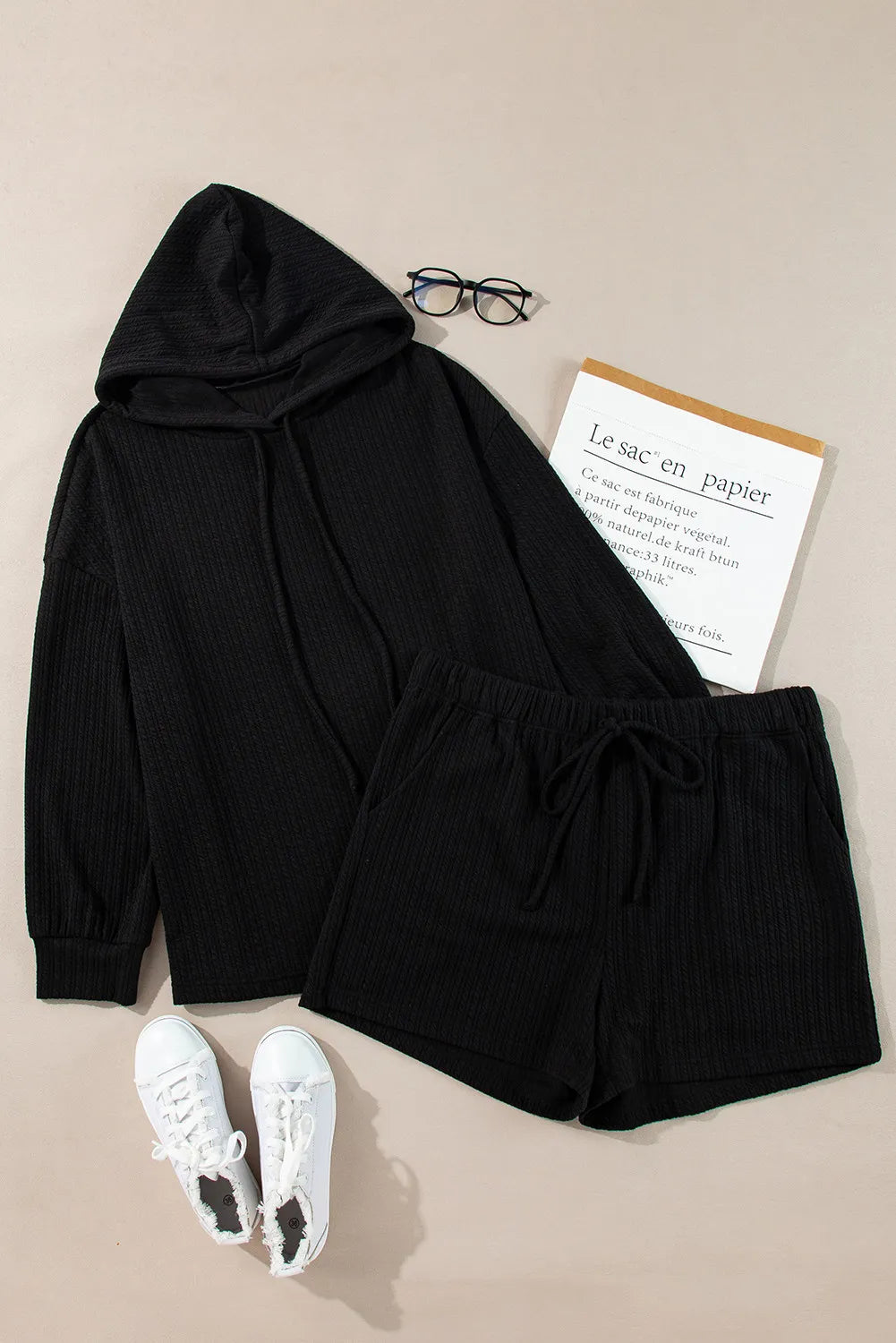 Plus Size Women's Drawstring Dropped Shoulder Hoodie and Shorts Set - Casual Loungewear for Relaxing at Home, Running Errands or Weekend Outings