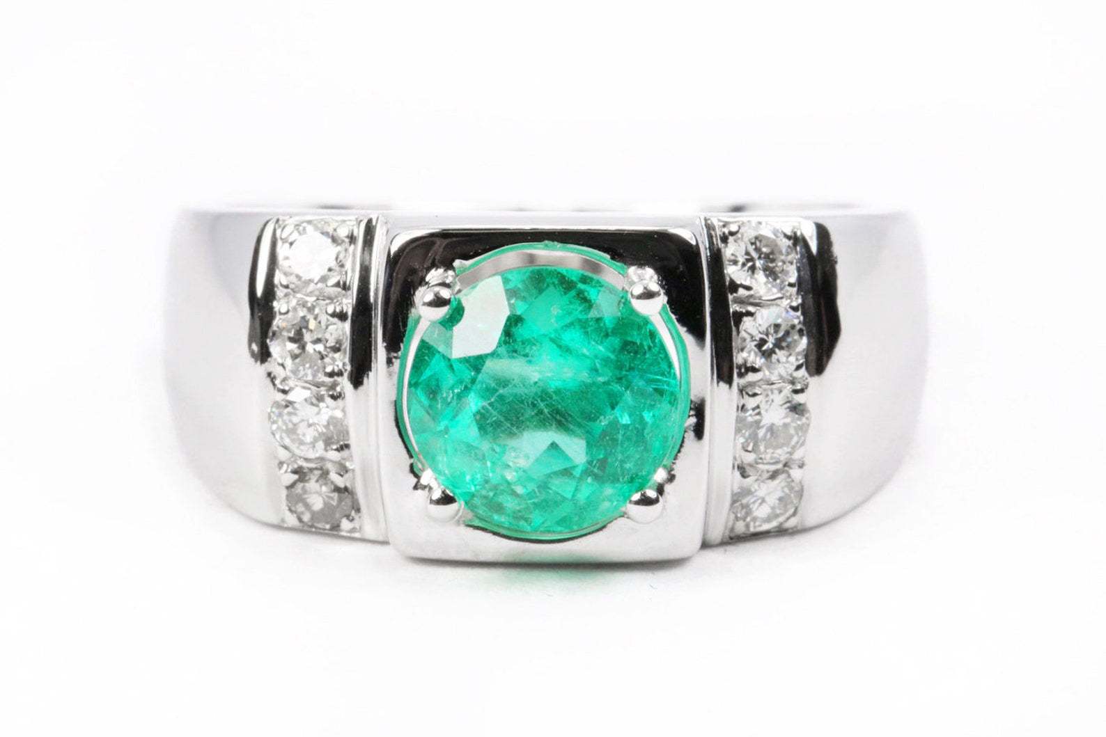 3.10tcw Round Colombian Emerald & Diamond Men's Ring for Wedding, Engagement, Anniversary - Luxury Handmade Jewelry Gift for Him