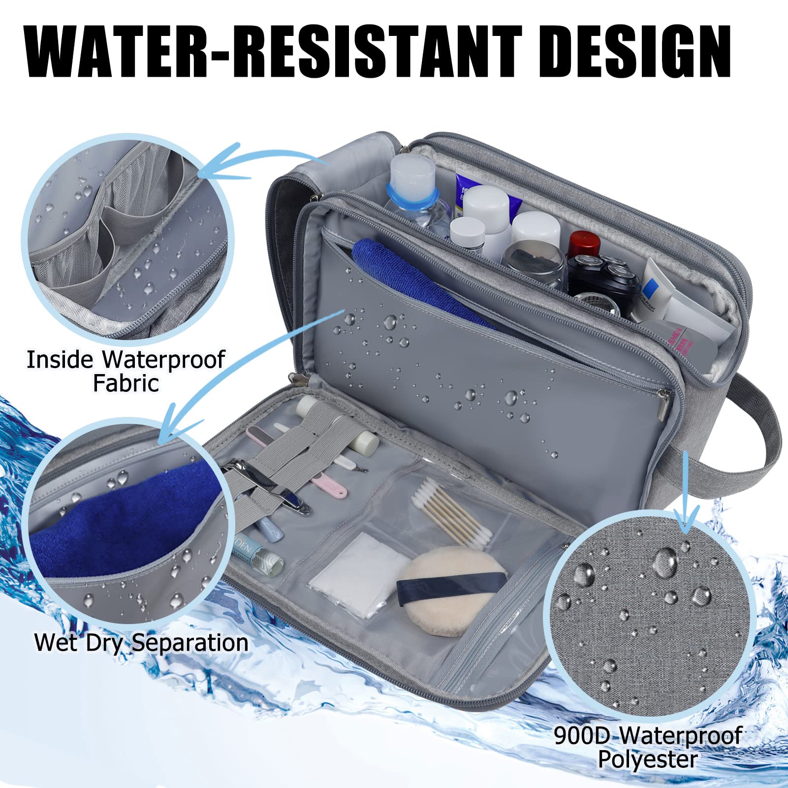 Waterproof Travel Toiletry Bag for Men & Women - Grey Washbag with Handle for Makeup & Bottles Storage