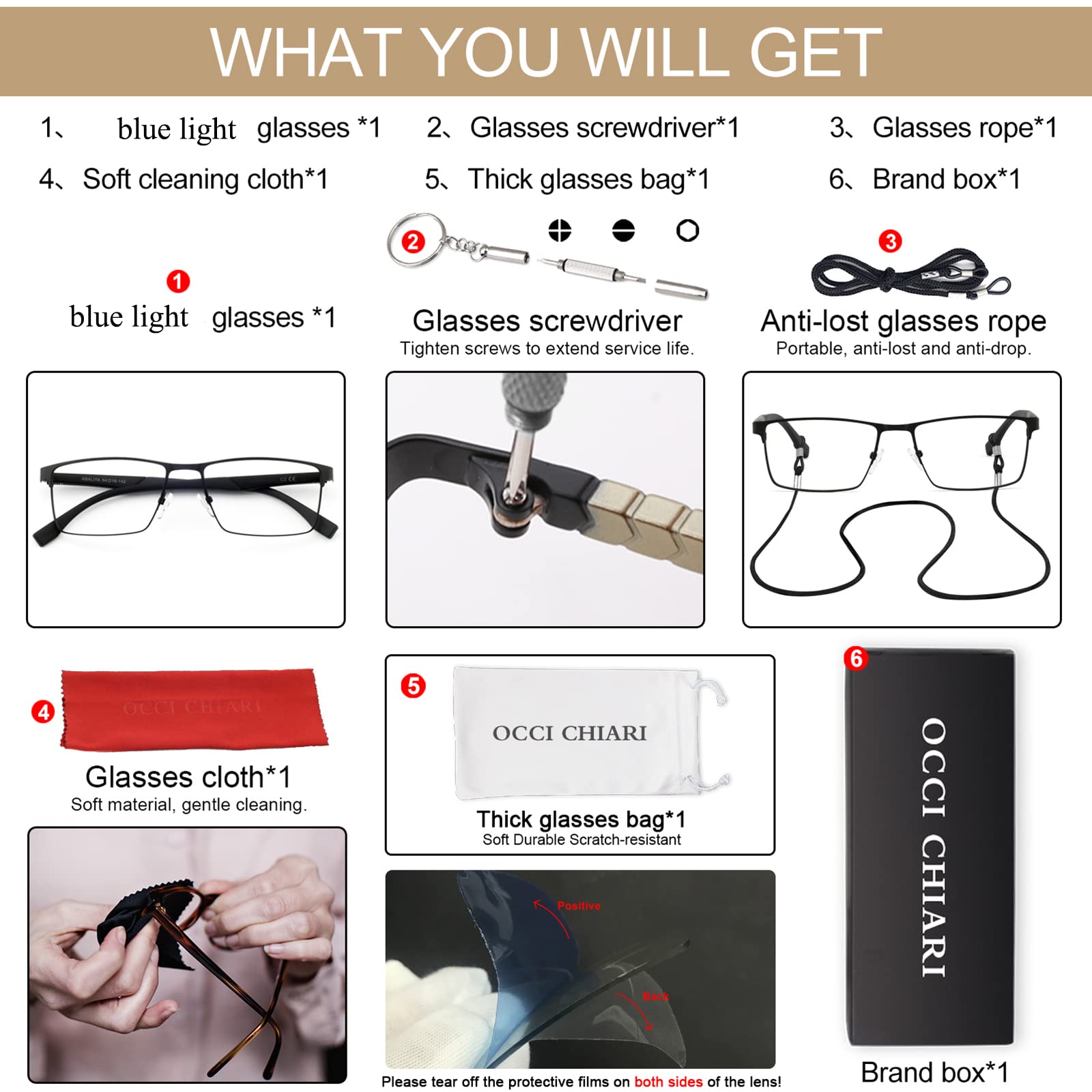 OCCI CHIARI Blue Light Blocking Glasses for Men - Square Frame Computer & Gaming Eyewear - Reduce Eye Strain for Work, Gaming & Screen Use