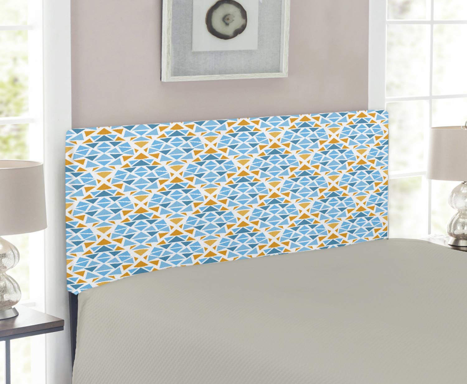 Ambesonne Twin Size Upholstered Headboard - Diamond Triangle Geometric Fractal Mosaic Design in Aqua Teal & Marigold | Decorative Metal Bed Headboard with Memory Foam | Perfect for Modern Bedroom Decor & Guest Room Setup