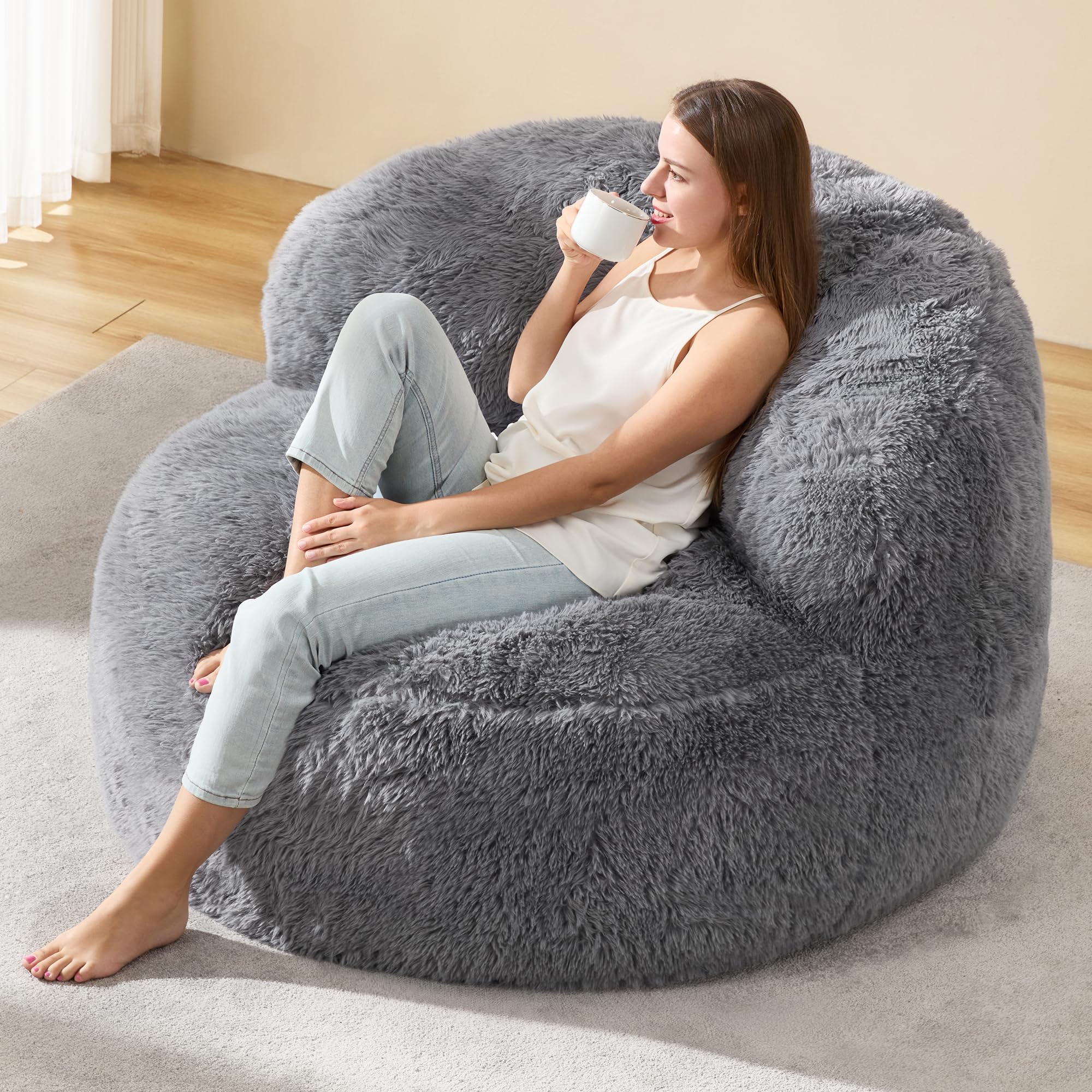 Extra Large Bean Bag Chair for Adults - Giant Foam Filled Lazy Sofa with Stuffed Back Support, Oversized Grey Beanbag - Perfect for Lounging, Gaming & Movie Nights in Living Room or Bedroom