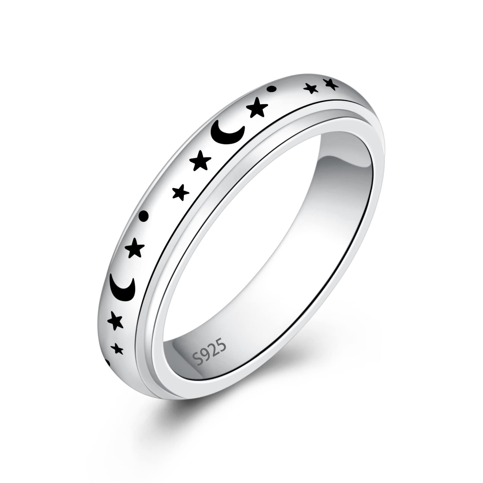 BEILIN Sterling Silver Spinner Rings - Moon & Star Design Fidget Ring for Women - Stress & Anxiety Relief Jewelry - Perfect for Office, Meditation and Everyday Wear