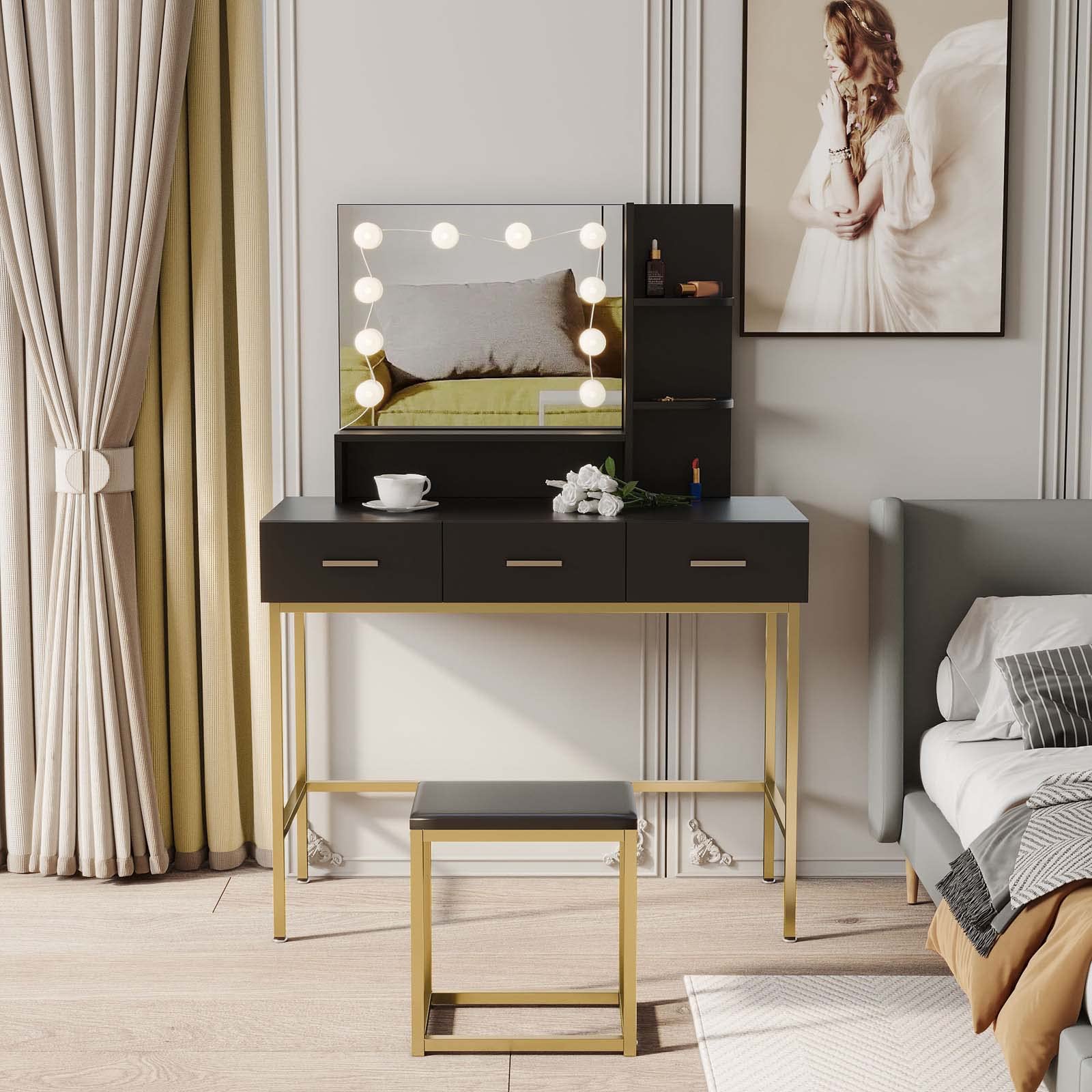 Modern Vanity Table Set with 10 LED Lights Makeup Mirror & Stool - Adjustable Brightness, 3 Storage Drawers, Black Makeup Dresser for Women Bedroom | Perfect for Daily Beauty Routine & Small Space Organization