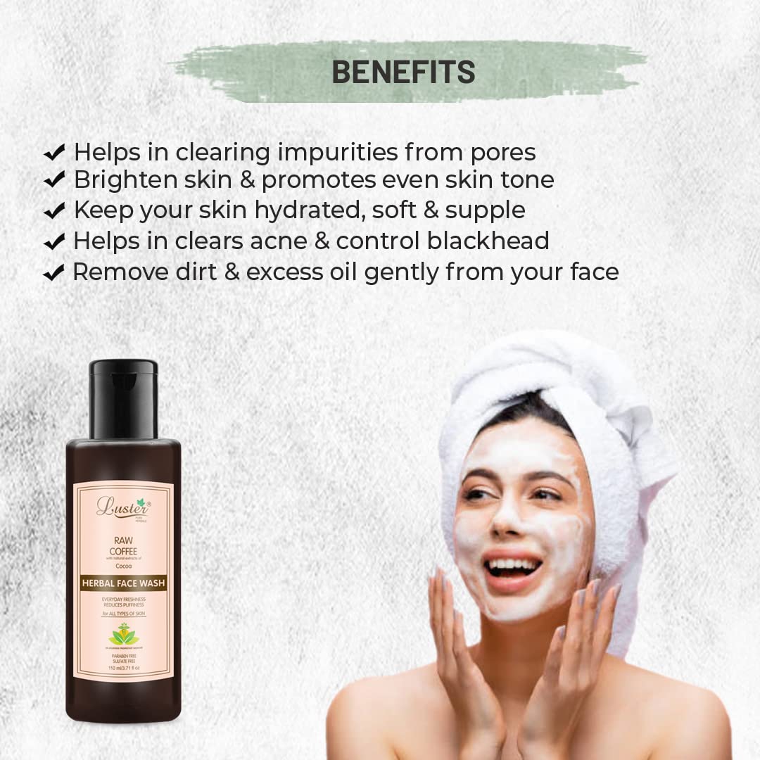 Luster Raw Coffee Face Wash with Cocoa Extracts - Reduces Puffiness & Brightens Skin - Paraben & Sulfate Free Cleanser for Women & Men - 110ml (Pack of 2) - Perfect for Morning Skincare Routine & Post-Workout Refreshment