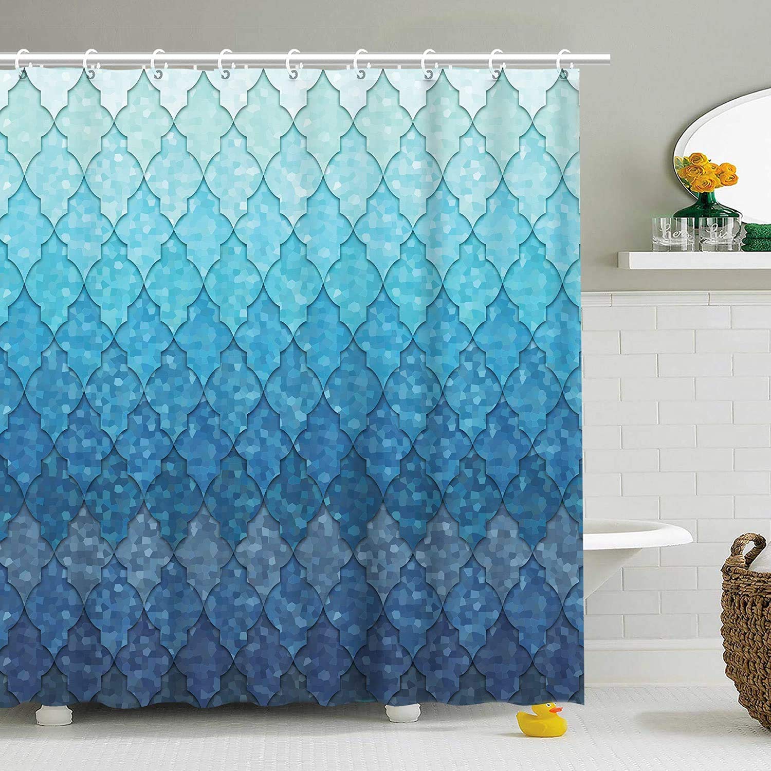RosieLily Mermaid Scale Shower Curtain - Blue Ocean Nautical Bathroom Decor with Hooks, 72x78 Inch Ombre Navy Teal Grey Geometric Design - Perfect for Beach Themed Bathrooms & Coastal Home Decor