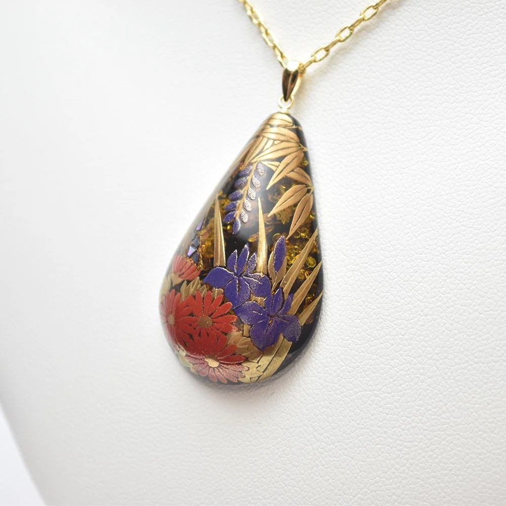 Exquisite Maki-e Urushi Lacquer Pendant Necklace with Amber & Floral Design - Handcrafted Traditional Japanese Jewelry for Women, Gift for Special Occasions, Wedding, Anniversary & Formal Events