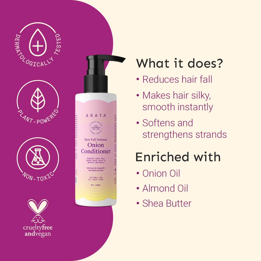Arata Hair Fall Defense Onion Conditioner 200ml - Strengthens & Smooths Hair Instantly with Onion Oil, Almond Oil, Shea Butter & Amla - 1 Count - Perfect for Daily Hair Care & Damage Repair