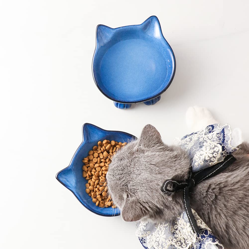 Nihow Ceramic Cat Bowl Set - 5 Inch Food & Water Dish for Cats - Food Grade, Microwave & Dishwasher Safe - Elegant Blue & Black (4.25 OZ, 1 Piece) - Perfect for Daily Feeding, Travel & Gift Giving