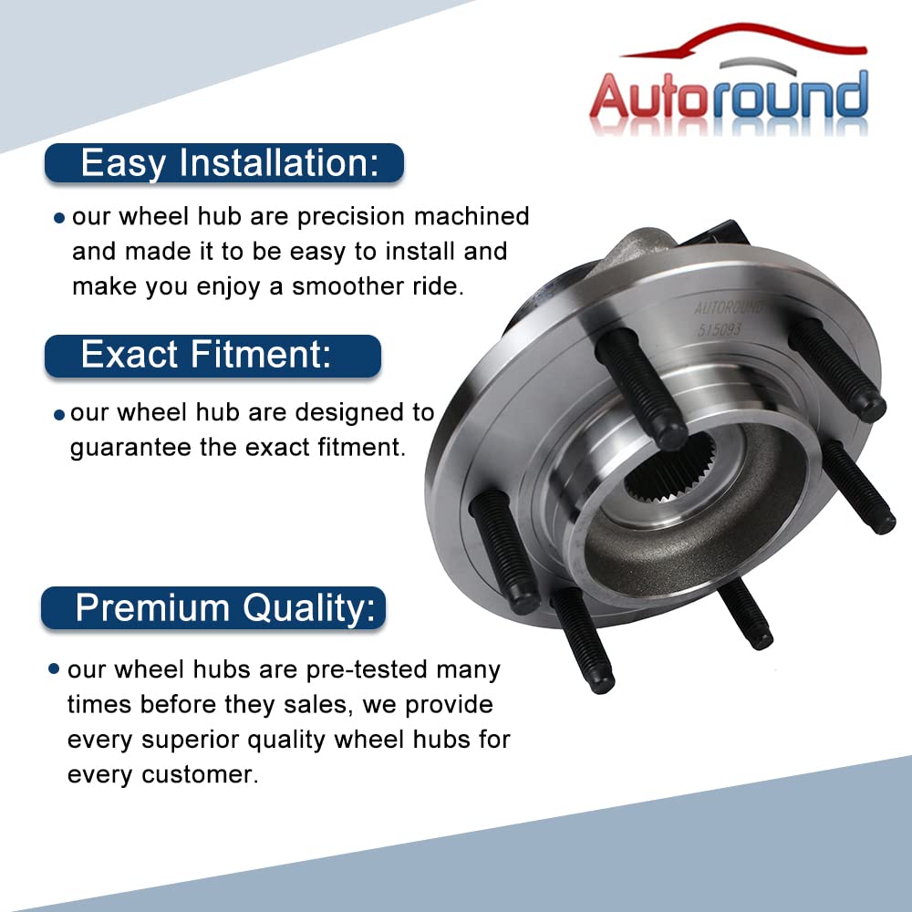 Autoround 515093 Pair 4WD Front Wheel Bearing and Hub Assembly - Compatible with 2006-2010 Hummer H3 & 2009-2010 H3T 6-Lug with ABS - Perfect for Off-Roading, Towing, and Daily Driving