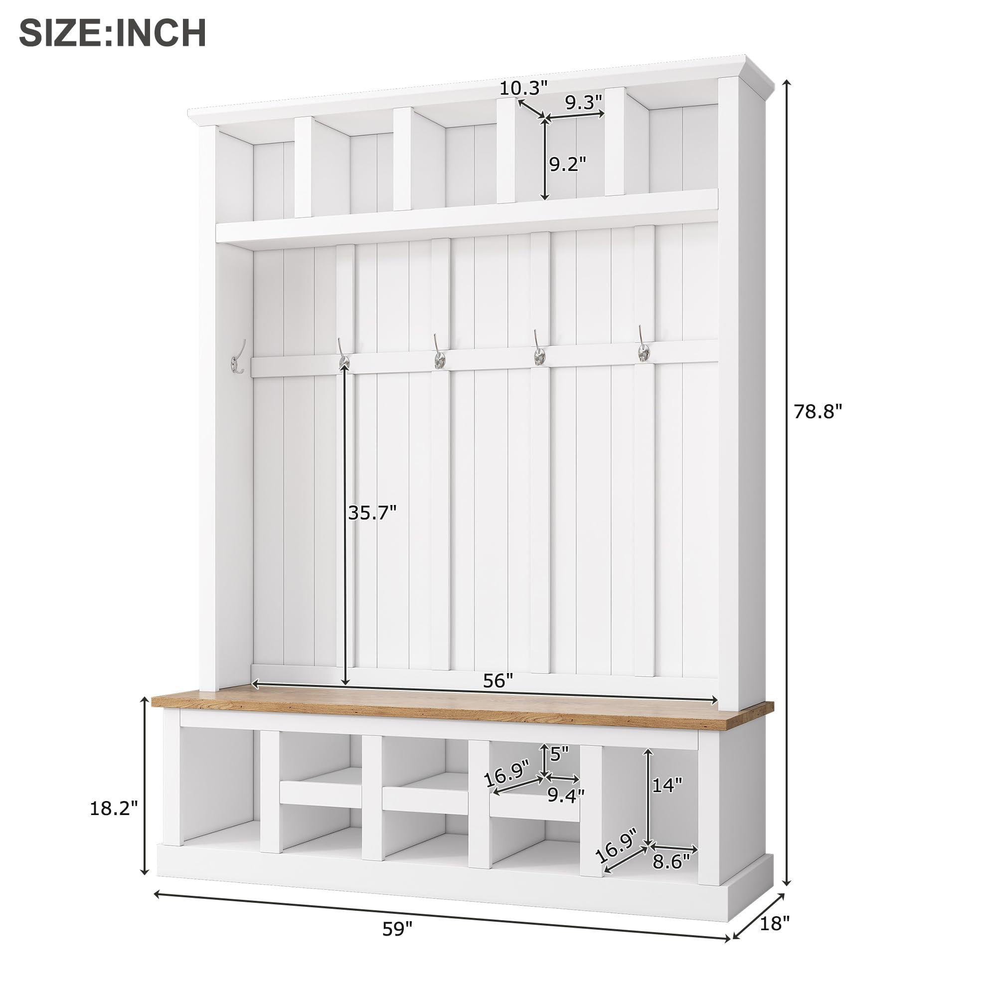 78''H Wide Entryway Hall Tree with Top Shelves, 6 Hooks & Storage Bench - White Shoe Cabinet with Cube Storage for Living Room, Mudroom & Hallway Organization | Perfect for Entryway Decor, Coat Hanging & Shoe Storage