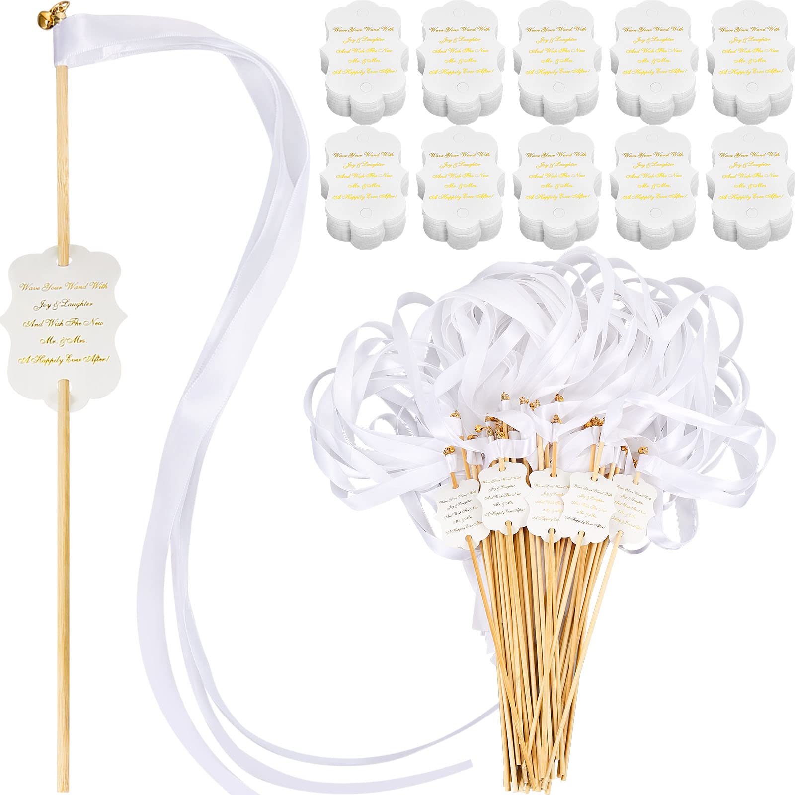 Janinka 100 Sets White Wedding Ribbon Wands with Bells - Elegant Wedding Send Off Sticks, Party Favors & Celebration Decorations - Perfect for Wedding Exits, Bridal Showers, Anniversary Parties & Baby Showers