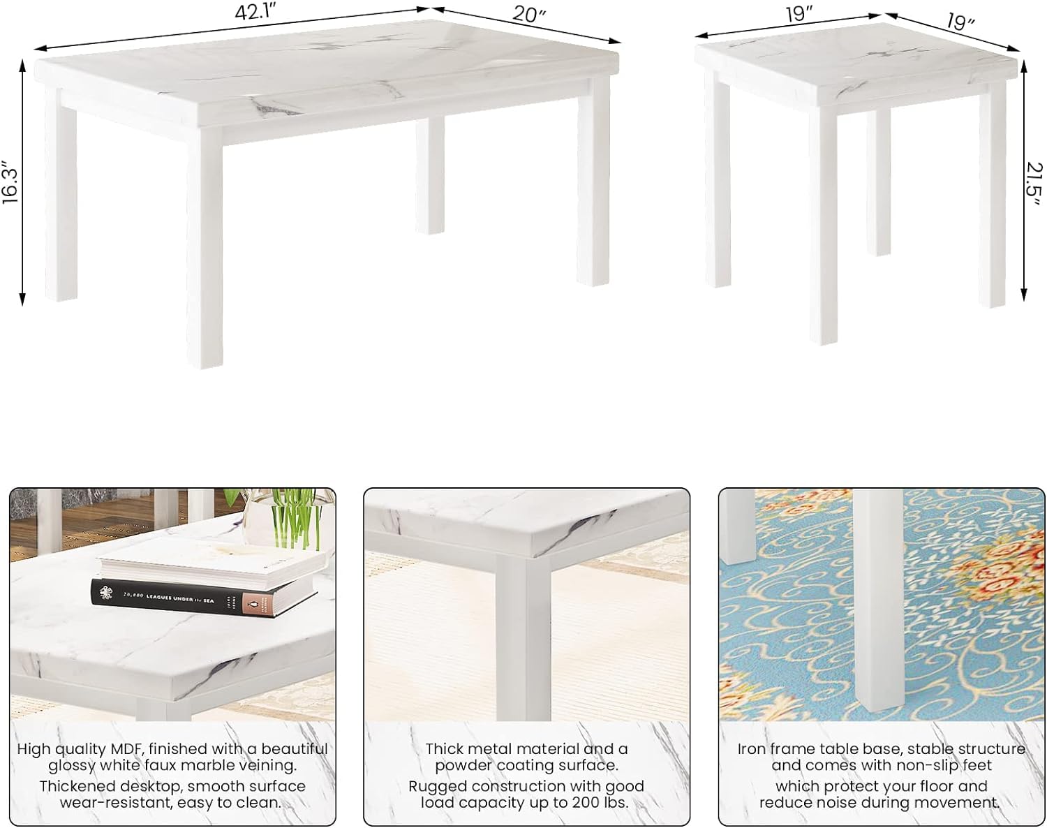 Recaceik 3-Piece Coffee Table Set with Faux Marble Top & Metal Frame - Modern Living Room Furniture in White (42.12x20.07x16.34 inches) - Perfect for Small Spaces, Apartments & Cozy Home Decor
