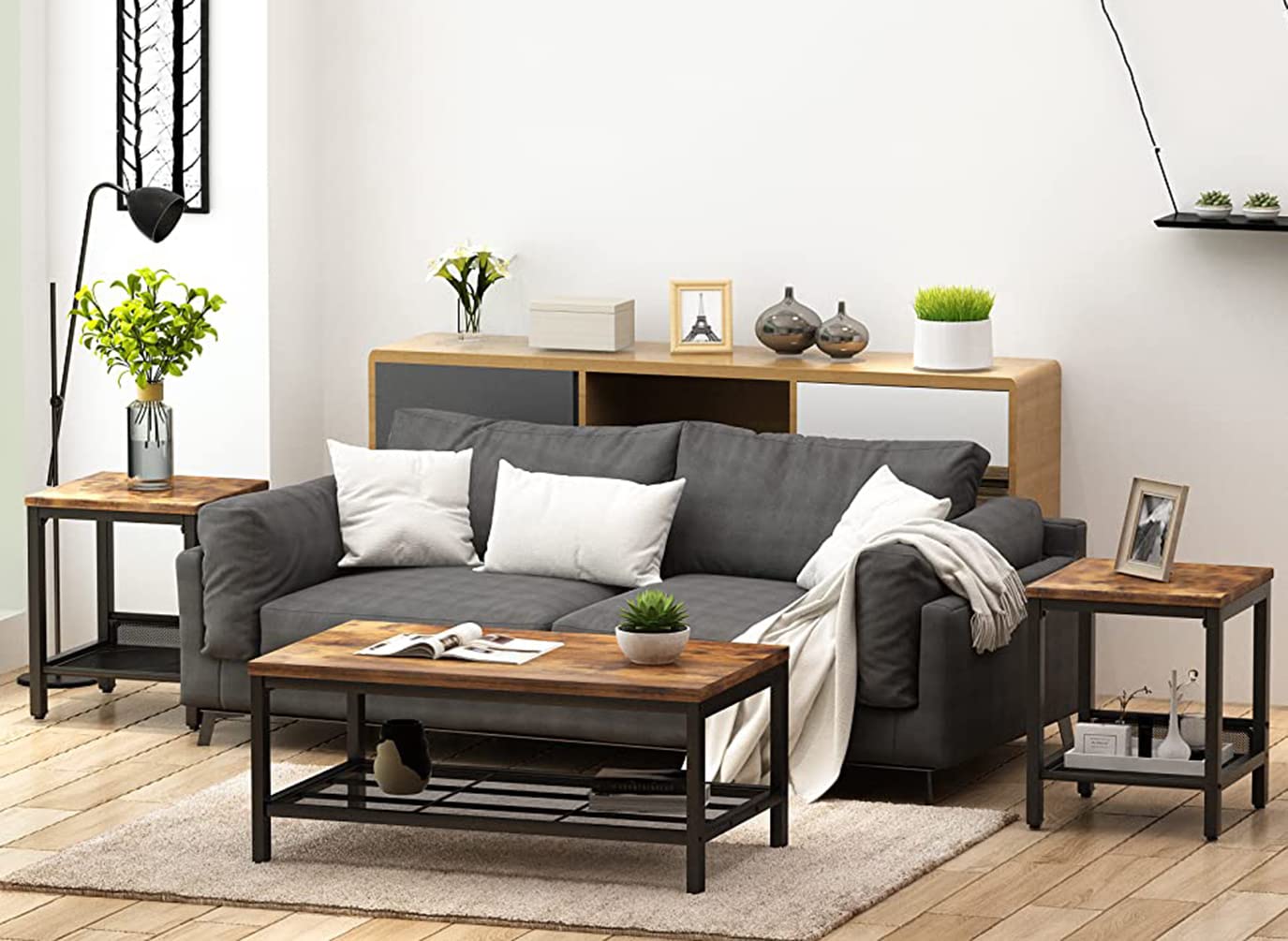Lamerge 3-Piece Industrial Coffee Table Set with Metal Frame - Rustic Brown Living Room Tables (Coffee Table + 2 Square End Tables) for Apartment, Home Office & Modern Farmhouse Decor | Perfect for Small Spaces, Entertaining Guests & Stylish Home Furnishing
