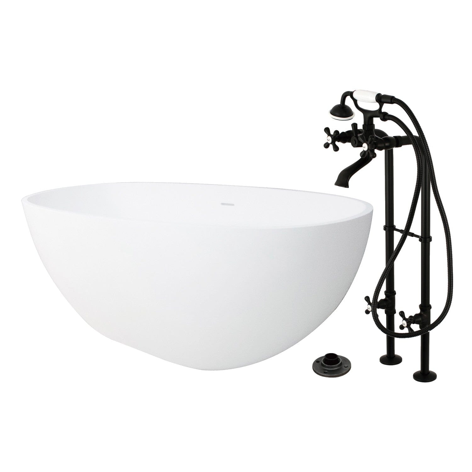 Arcticstone 65 Inch Solid Surface Oval Freestanding Bathtub with Faucet & Drain - Luxury Double Ended Soaking Tub for Spa Bathroom & Master Suite Relaxation