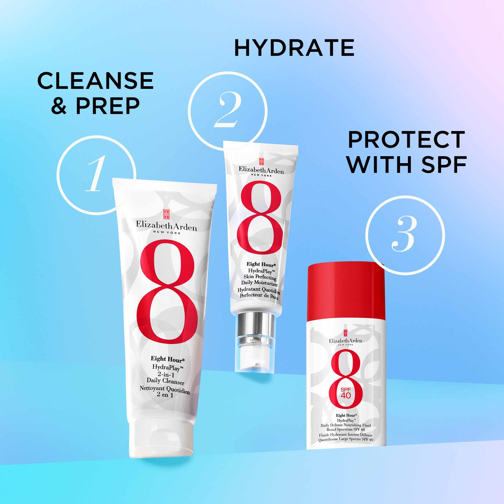 Eight Hour® Hydraplay Cleanse, Hydrate & Protect Skincare Set - 3-Step Facial Care Routine for Dry & Sensitive Skin | Morning & Night Use for Glowing Complexion
