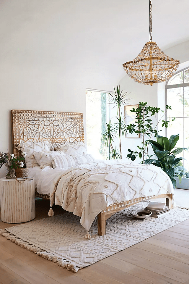 Hand Carved Albaran Bed Frame - Solid Wood Platform Bed with Upholstered Headboard | Modern Bedroom Furniture for Master Bedroom, Guest Room & Apartment