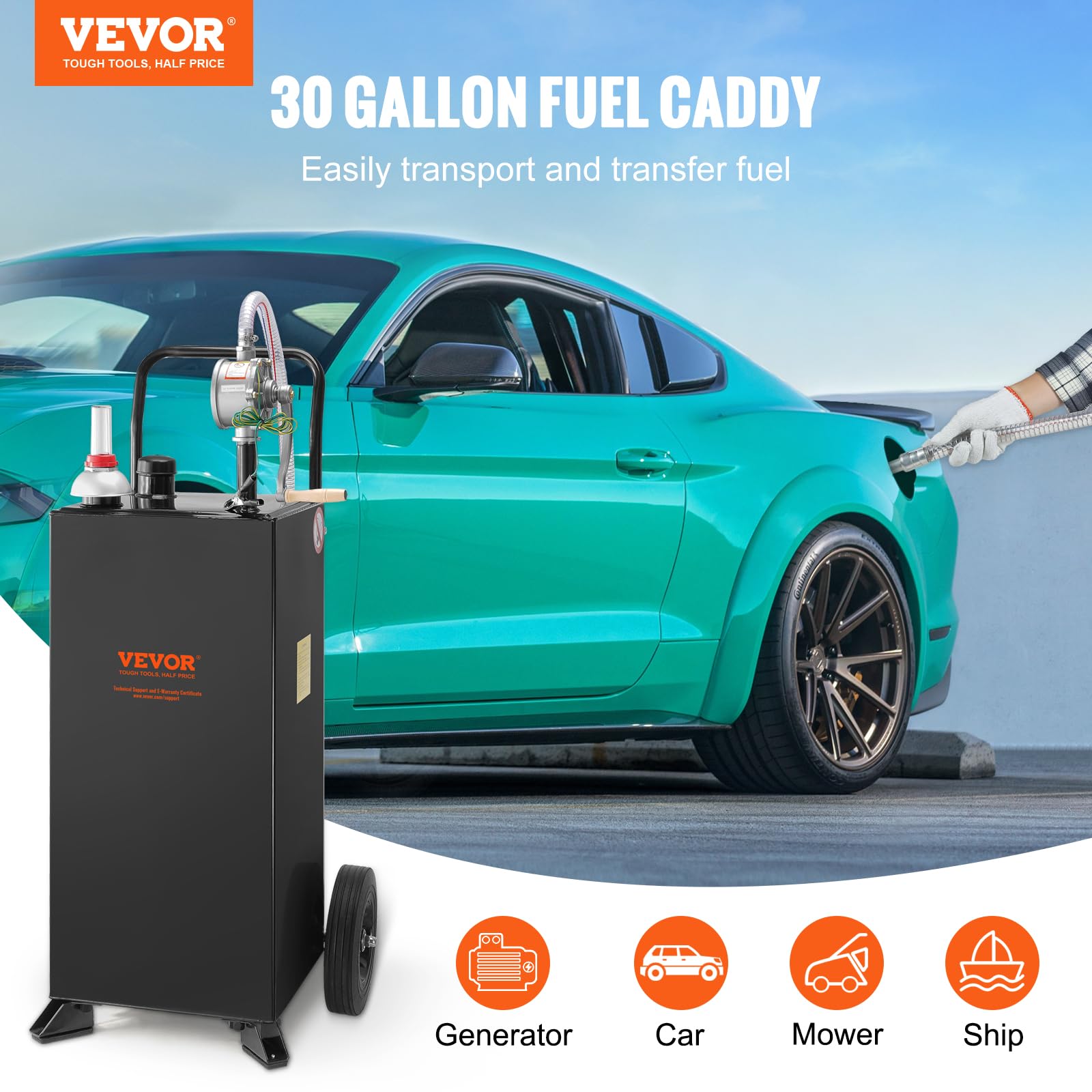 VEVOR 30 Gallon Portable Gas Caddy with Manual Pump - Heavy Duty Fuel Storage Tank for Gasoline & Diesel - 2-Wheel Design for Cars, ATVs, Lawn Mowers, Boats - Ideal for Garage, Farm & Outdoor Use