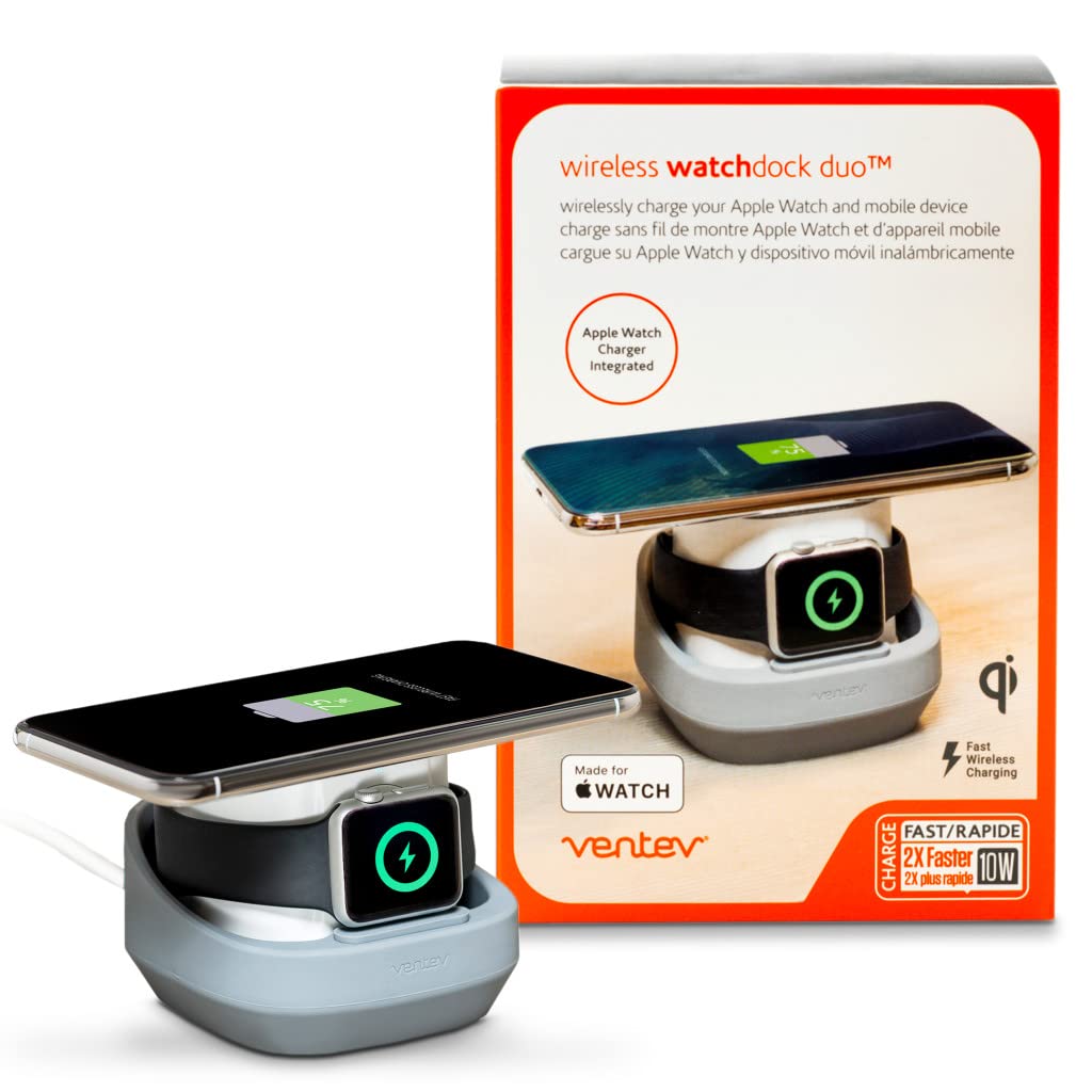 Ventev 2-in-1 Qi Certified Wireless Charging Station for iPhone 16/16 Pro/16 Pro Max/15/15 Pro/15 Pro Max/14/13/12 & Apple Watch | Fast Wireless Charger for Samsung Galaxy S23/S22/S21/Note 20 - White | Perfect for Bedside, Office & Travel Charging