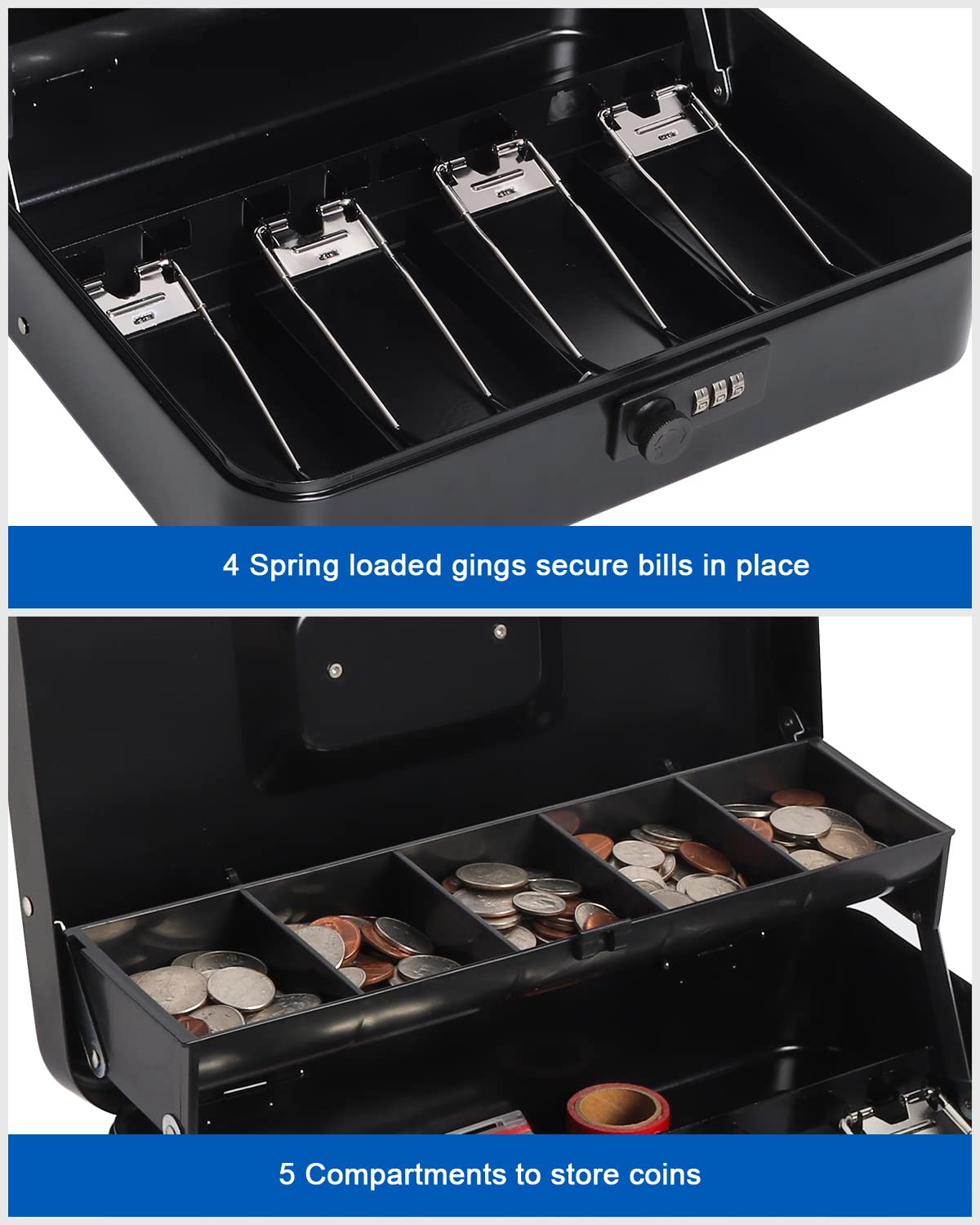 Heavy Duty Cash Box with 4-Digit Combination Lock - Secure Money Safe Box with Anti-Theft Security Cable (11.8