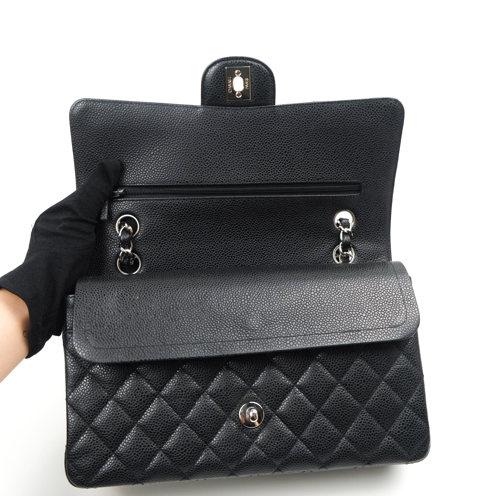 Chanel Classic Medium Double Flap Bag Black Caviar Leather with Silver Hardware - Luxury Handbag for Women, Perfect for Work, Evening Events & Special Occasions