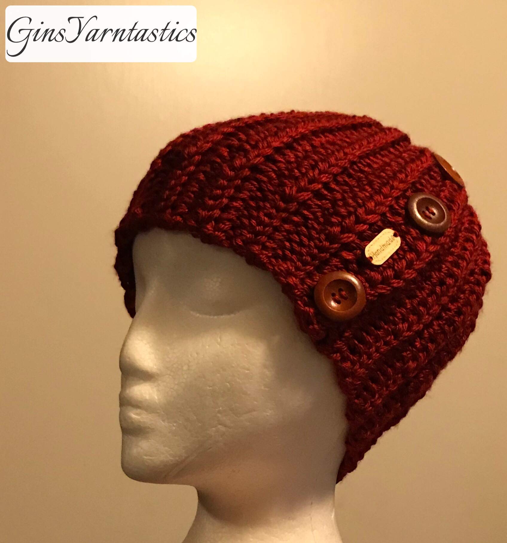 Autumn Red Crochet Messy Bun Beanie with Buttons - Stylish Winter Hat for Women, Warm Knitted Slouchy Cap for Cold Weather, Perfect for Outdoor Activities, Running, Hiking and Casual Wear
