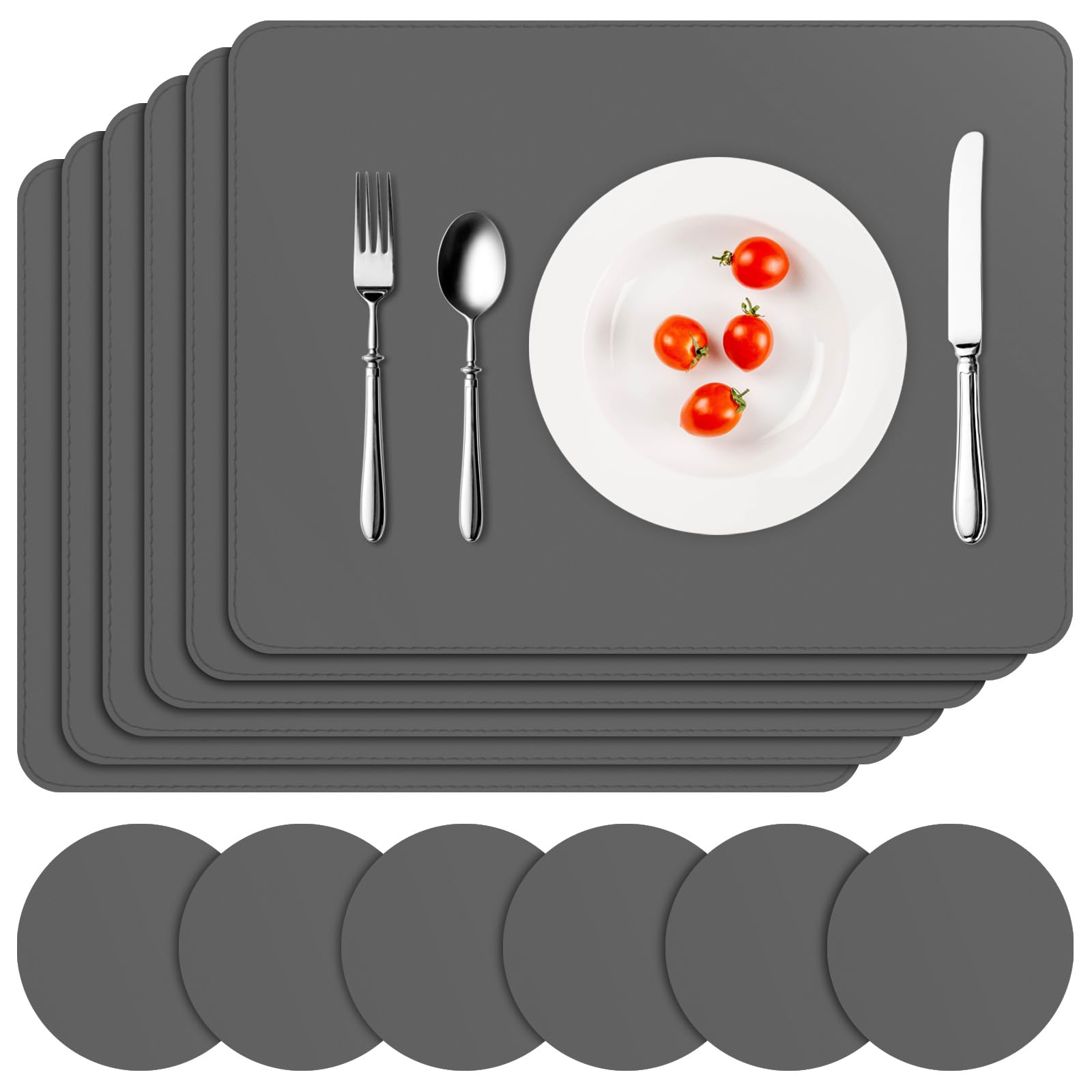 Set of 6 Grey Waterproof Faux Leather Placemats - Heat Resistant & Wipeable Table Mats with Coasters for Kitchen, Dining Room, Outdoor Decor | Perfect for Dinner Parties, BBQs, and Daily Use
