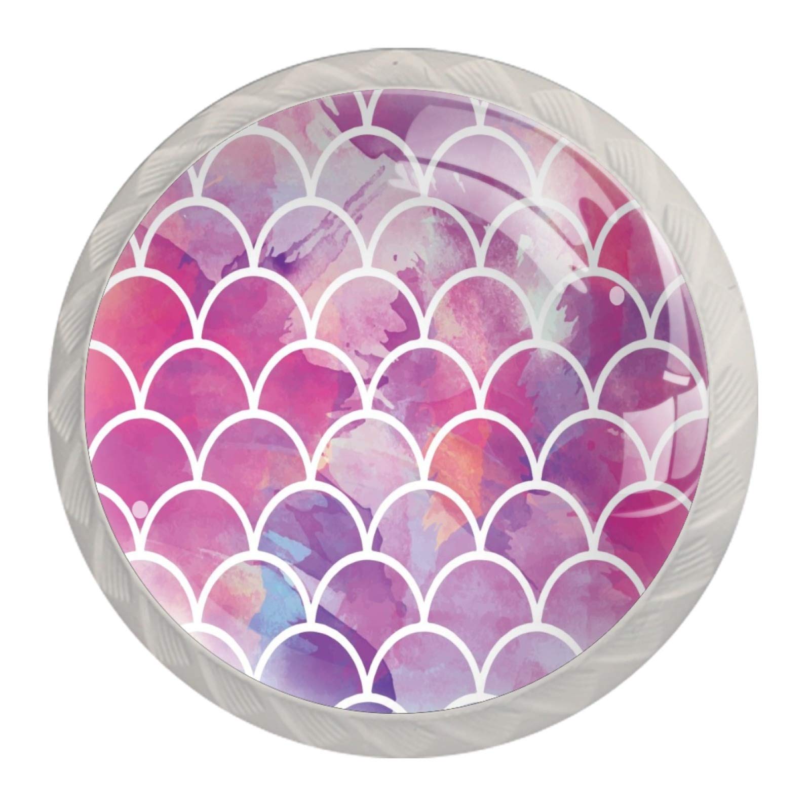 Pink Watercolor Mosaic Mermaid Scale Drawer Pulls - 4 Pack Cabinet Knobs with Screws for Kitchen, Dresser, Cupboard, Bathroom & Wardrobe - Perfect for Boho Home Decor & DIY Furniture Makeover