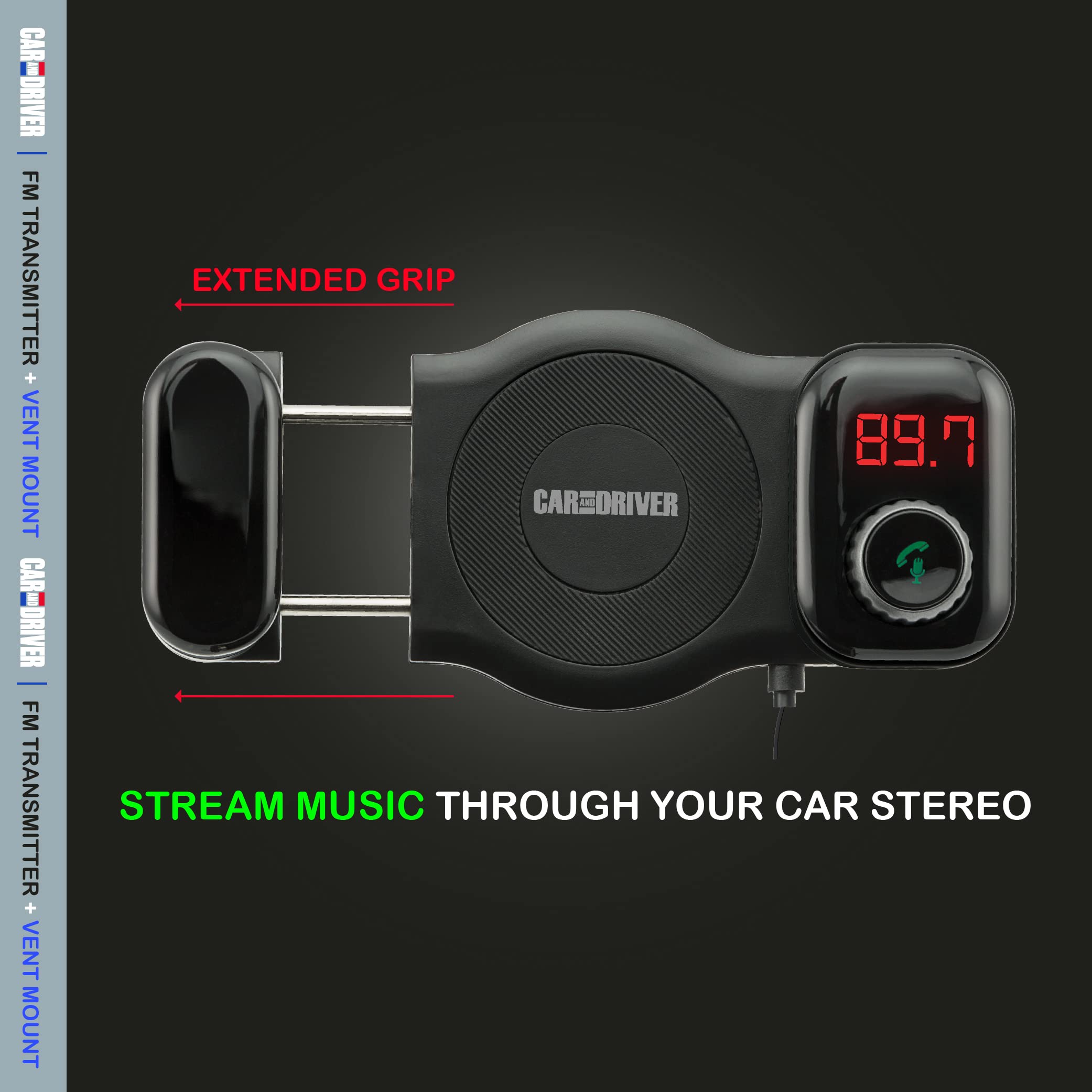 Car and Driver Bluetooth FM Transmitter with Car Vent Phone Mount | Hands-Free Calling, USB Charging, Siri Compatible, TF Card Slot, Secure Grip, Universal Fit for Streaming Audio in Car