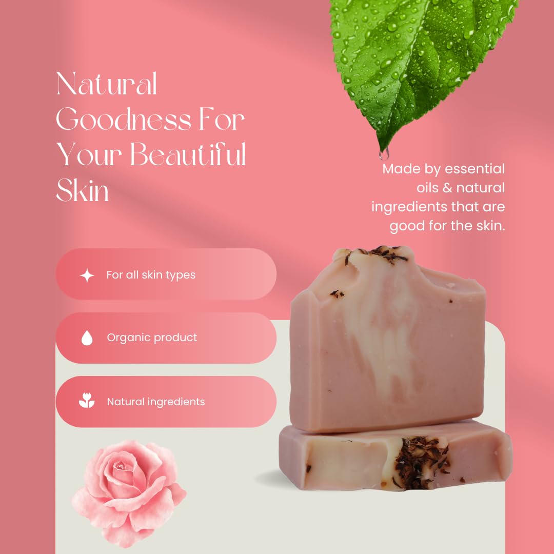 Natural Rose Bath Soap Bar with Essential Oils - Handmade Skin Nourishing Soap for Dry & Sensitive Skin - Perfect for Relaxing Baths, Spa Days & Gift Giving (Pack of 1)