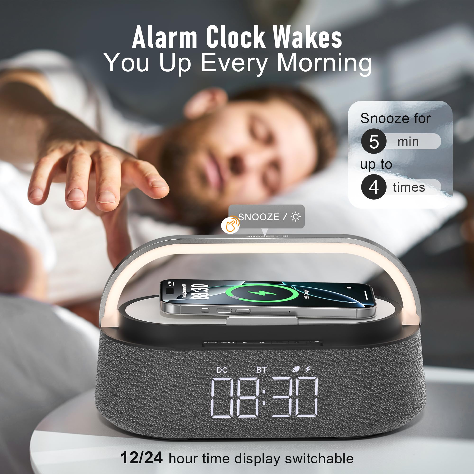6-in-1 Bluetooth Speaker with Wireless Charger | Portable Bedroom Speaker with FM Radio, Adjustable LED Night Light, Dual Wireless Charging & Phone Stand | Perfect for Bedside, Home Office, Travel & Gifts