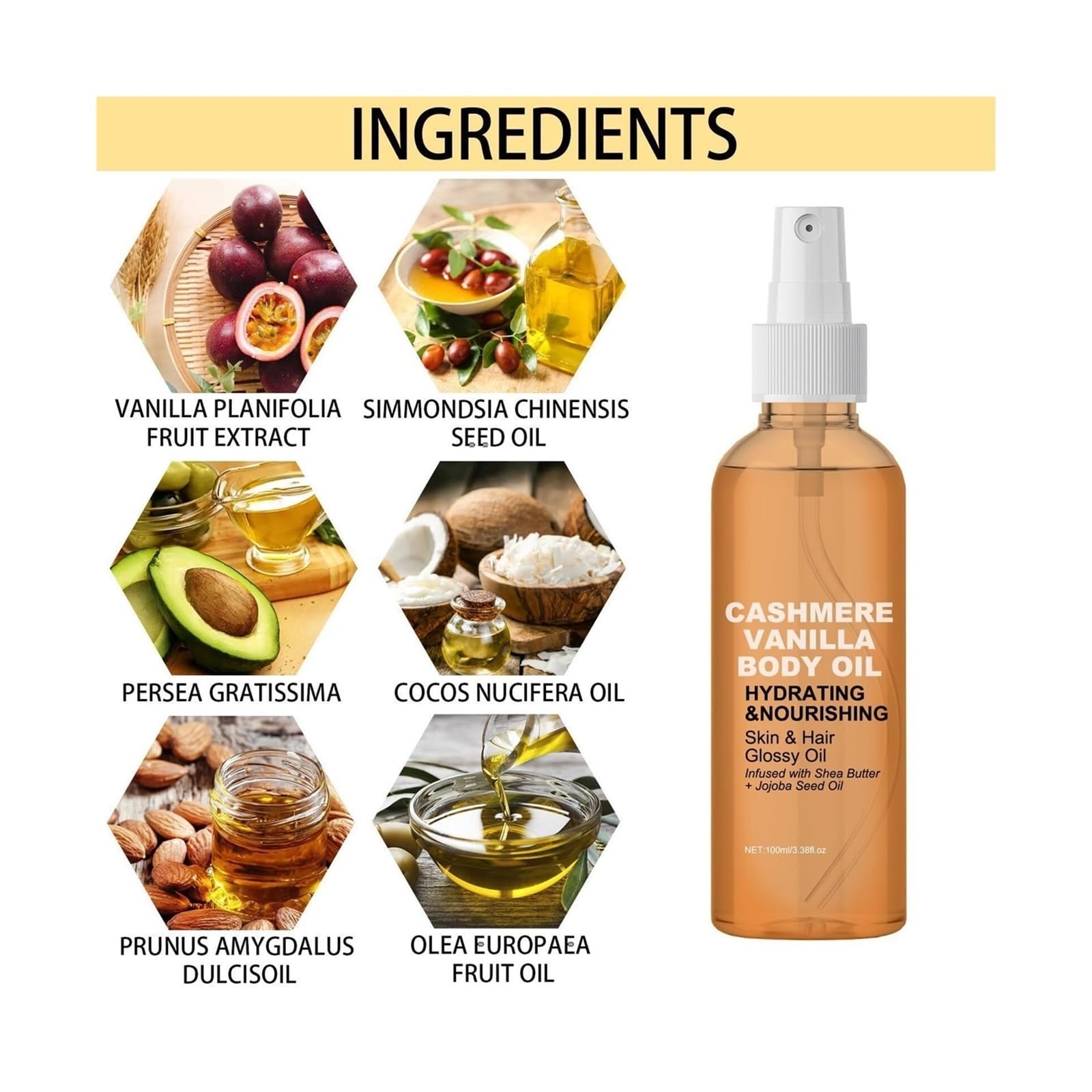 Premium French Vanilla Cashmere Body & Hair Oil - Hydrating, Firming & Nourishing for Skin & Hair Care - Perfect for Spa, Massage & Daily Moisturizing (1pc)